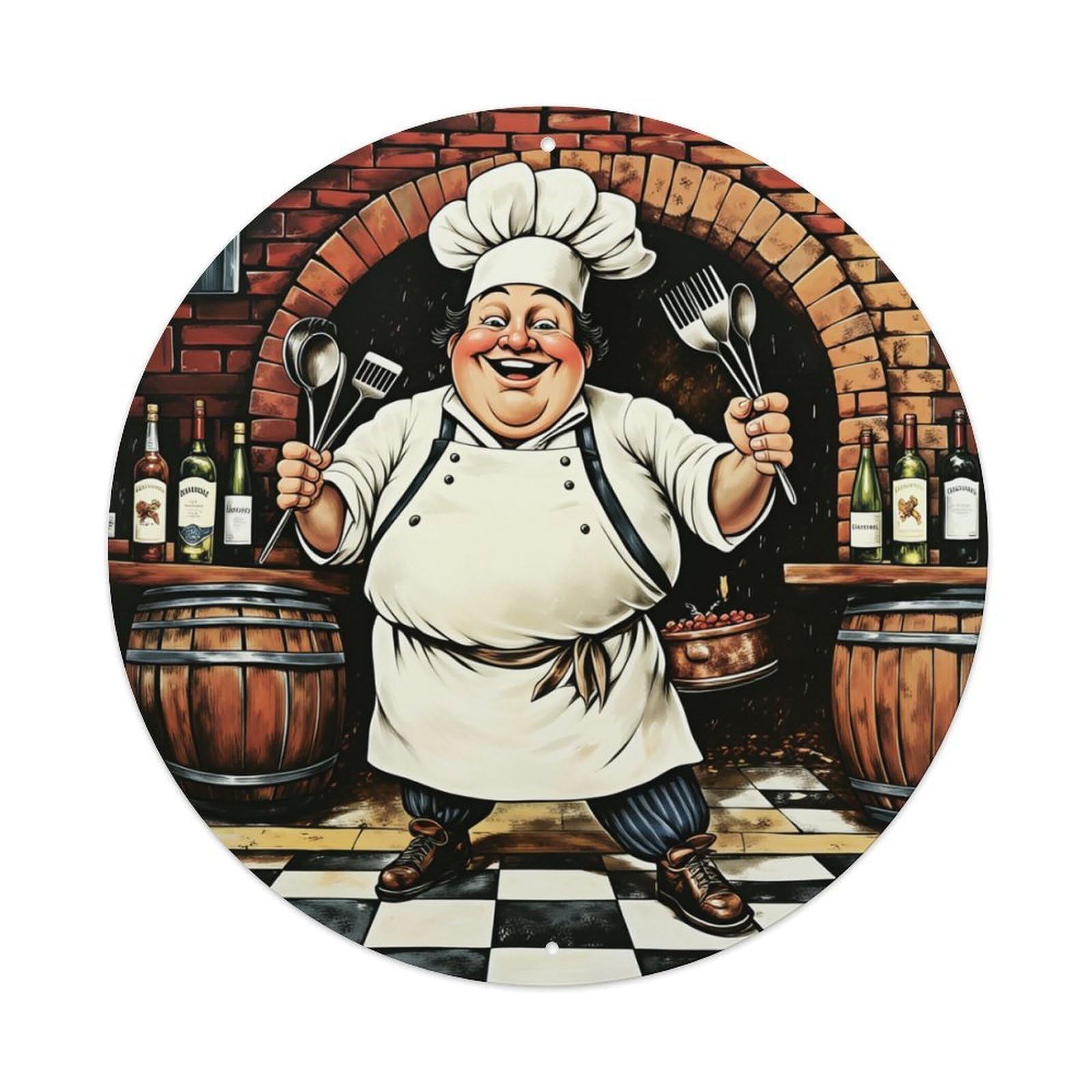 Chef Holding Utensils In Kitchen Round Tin Sign Retro Metal Sign for Cafe Bar Pub Home Game Room Gym Club Wall Decoration Vintage Metal Poster 8x8 Inch