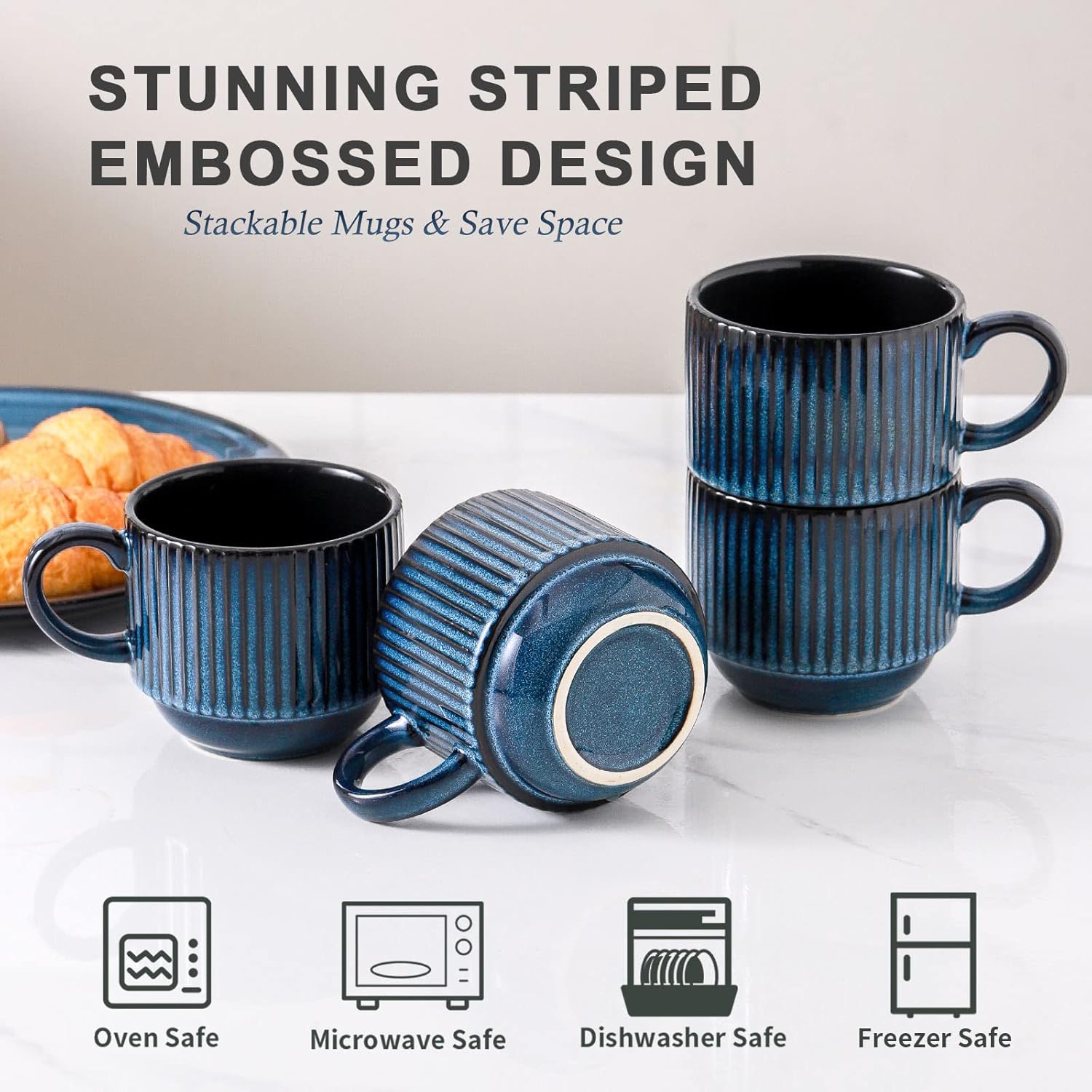 HASENSE 15 Oz Ribbed Stackable Coffee Mug Set of 4, Ceramic Latte Cups with Metal Stand, Dishwasher & Microwave Safe, Navy Blue for Cappuccino Tea Hot Cocoa
