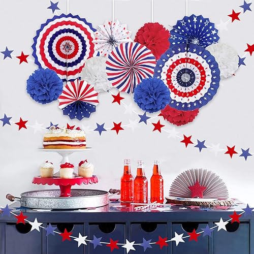 Miniatura 3 de MOVINPE Juego de decoraciones patrióticas para fiestas del 4 de julio, abanicos de papel para colgar con la bandera estadounidense, bolas de flores
