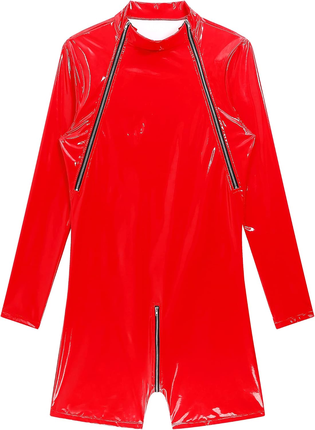 Hularka Mens Wet Look Patent Leather Slim Fit Jumpsuits Long Sleeve Zipper Leotard Clubwear