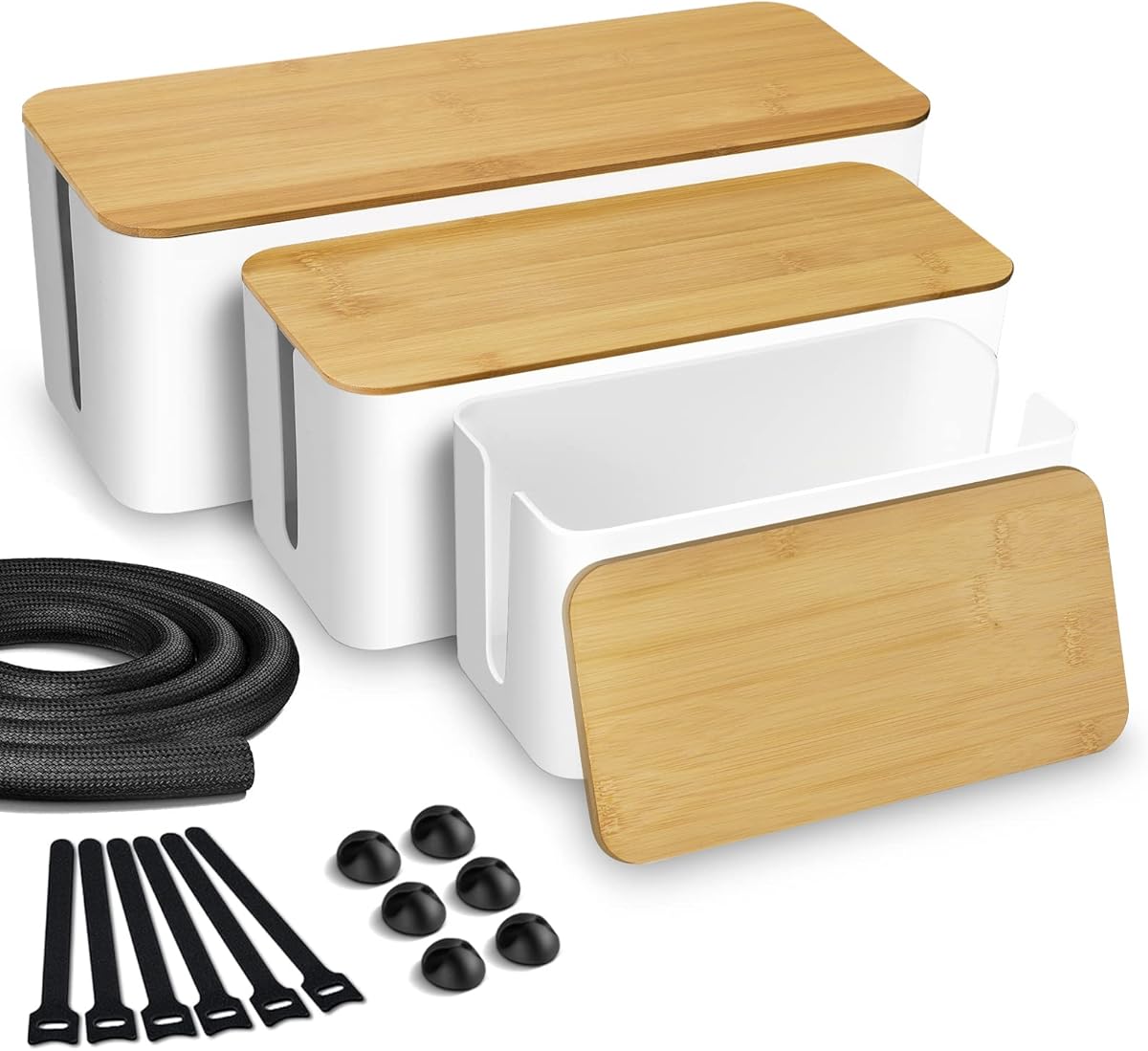 Lannvan Kabelbox - 3er Set aus ABS-Kunststoff mit Bambusdeckel - Schreibtisch Organizer zum Kabel Verstecken - Kabelmanagement Box Groß, Medium & Klein (Weiß)