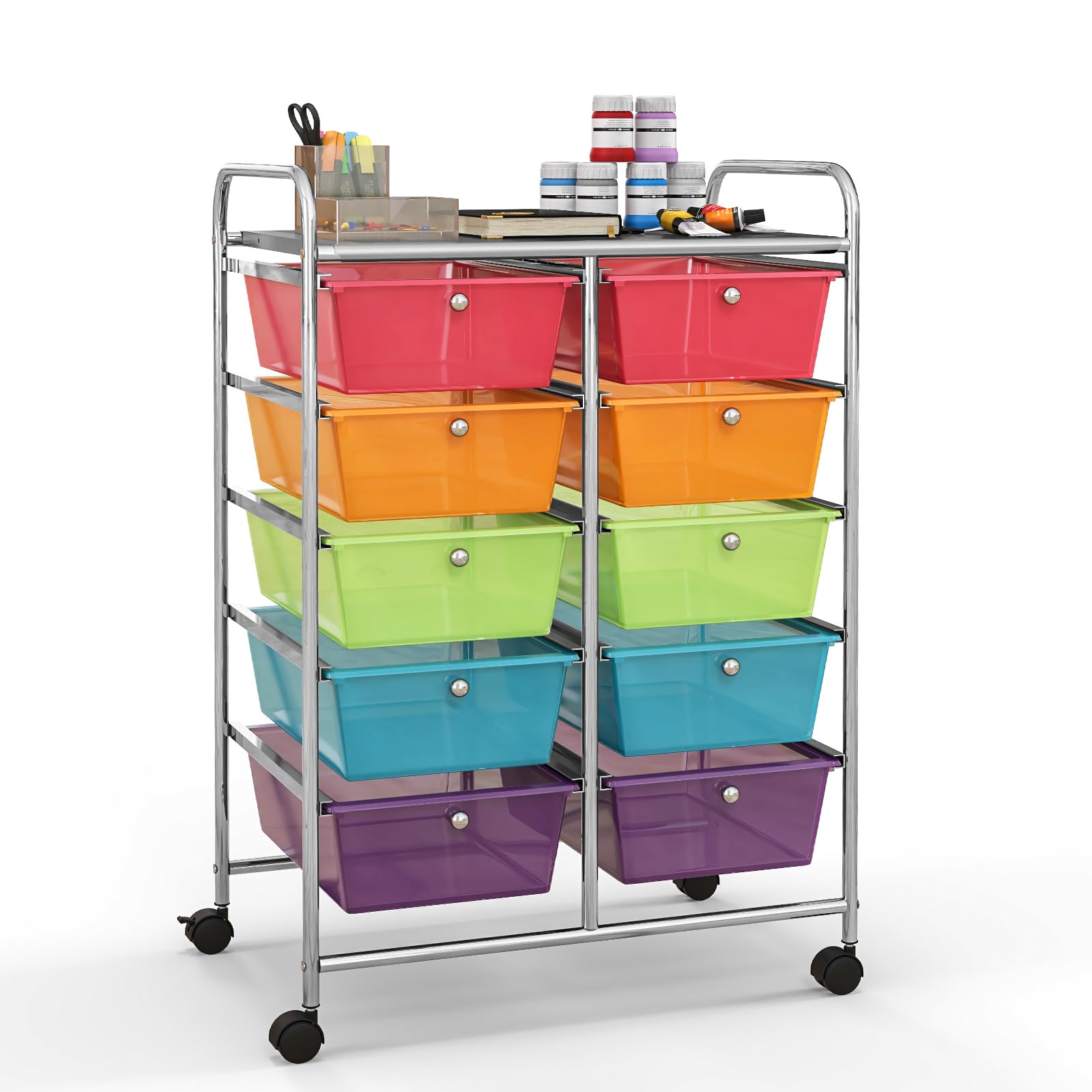 TANGZON 10 Drawers Storage Cart, Rolling Utility Cart with Lockable Wheels, Multipurpose Mobile Organizer Trolley for Home Office Stationery Beauty & Salon (Rainbow)