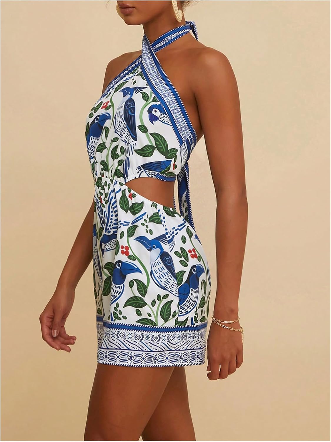 MakeMeChic Women's Boho Mini Dress Summer Beach Vacation Halter Dresses Floral Sundress - Image 2