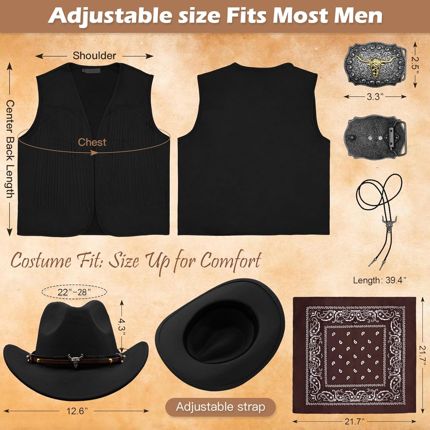 5 PCS Cowboy Outfit for Men-Western Costume Set Hat Necklace Bandana Tassel Vest for Cosplay Rodeo Party - Image 4