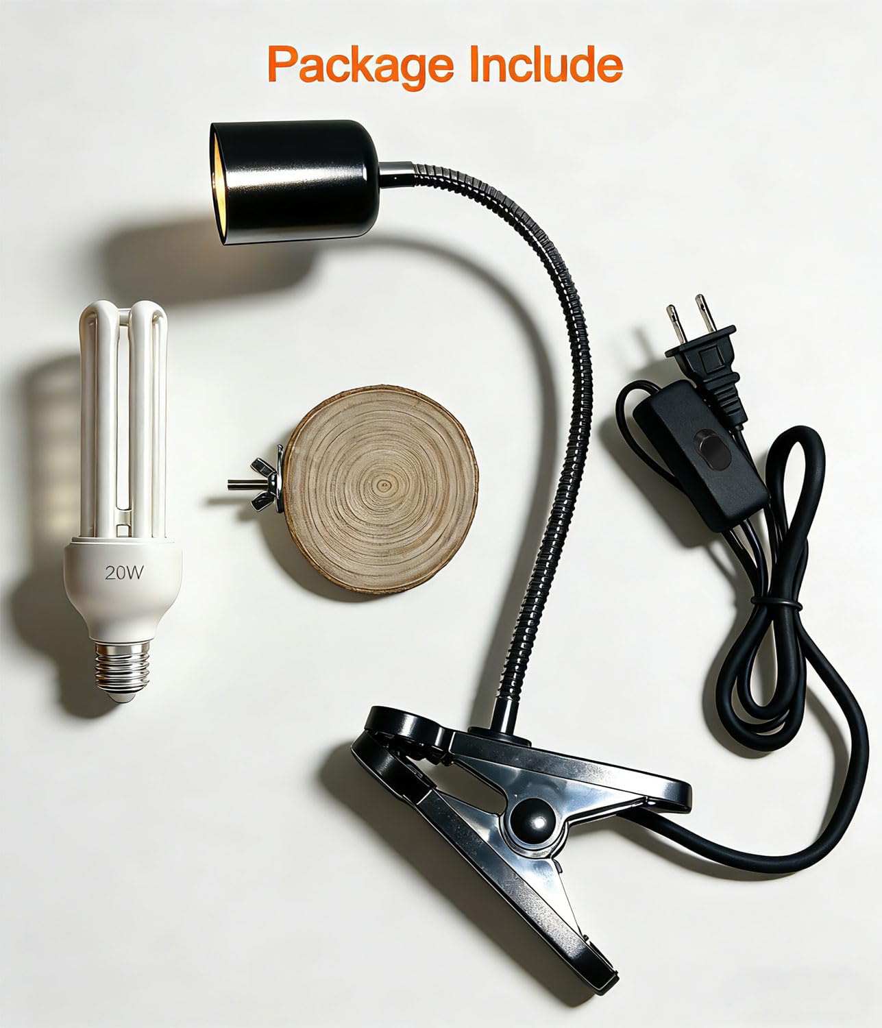 KINGYEENUO Kit Combinado de Lámpara para Jaula de Pájaros, Lámpara con Pinza y Tablero de Madera, Bombilla Fluorescente Compacta 20W 2,4% UVB UVA, E27 Luz UVB para Todo Tipo de Pájaros en Cautiverio