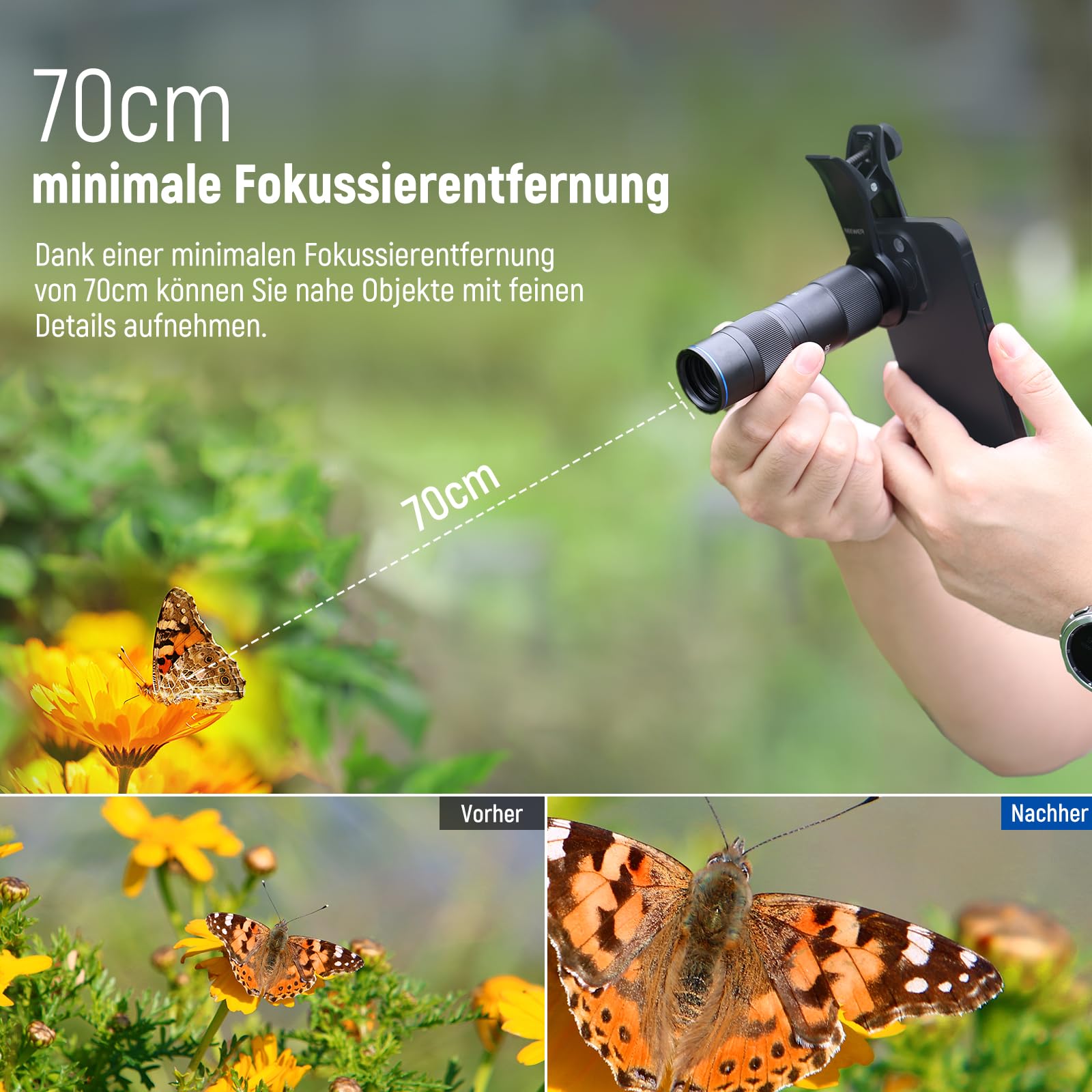 NEEWER 400mm Teleobjektiv für Smartphone Kamera mit 17mm Objektivclip mit Gewinde 70cm minimale Makro Fokusdistanz 2X Zoom für Rückplatte Phone Käfig Hülle kompatibel mit iPhone Samsung Android, LS-78