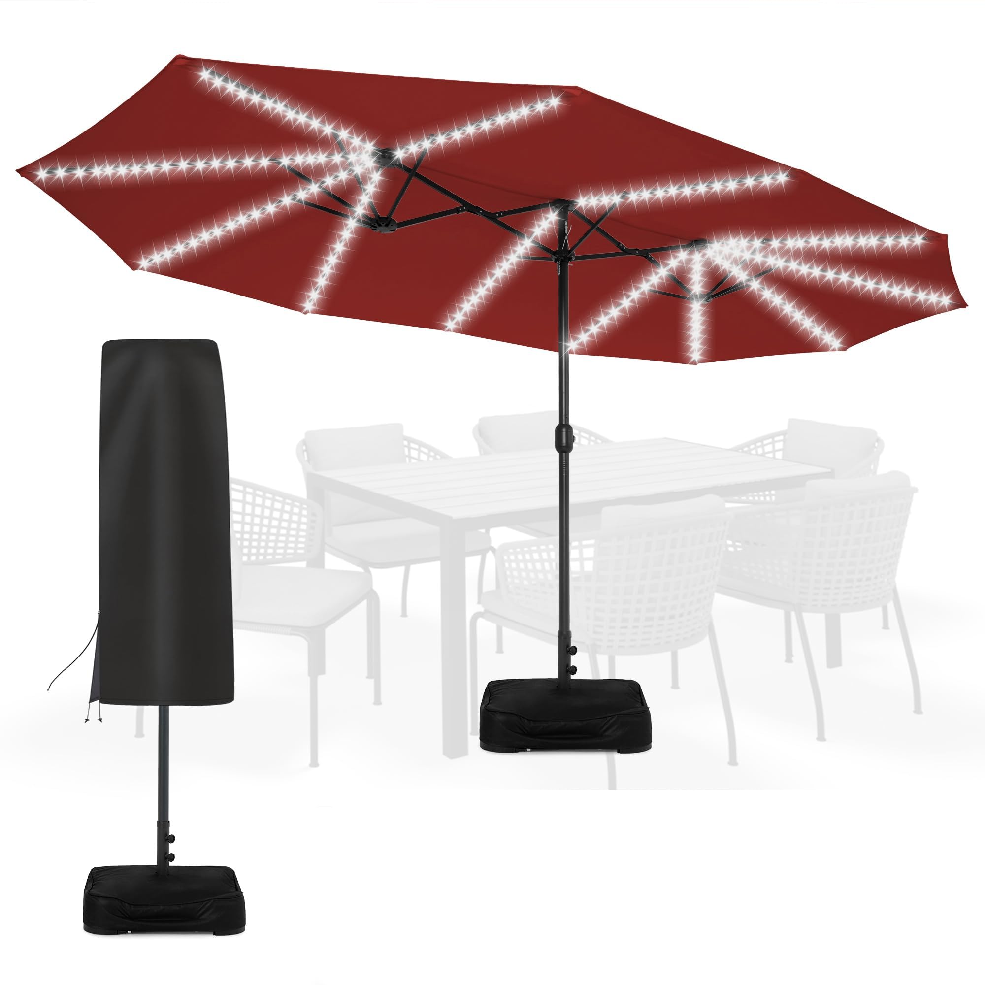 Photo 1 of Sundale Outdoor 144 LED 15 ft Patio Umbrella with Base and Cover, RedLPNPMHR3575019
