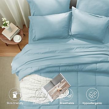 Anluoer Queen Comforter Set 7 Piece, Soft Bed in a Bag Queen Bedding Sets | Solid Light Blue, Lightweight, All Season,OEKO-TEX Certified, Down Alternative Comforter, Breathable sheets & pillowcases
