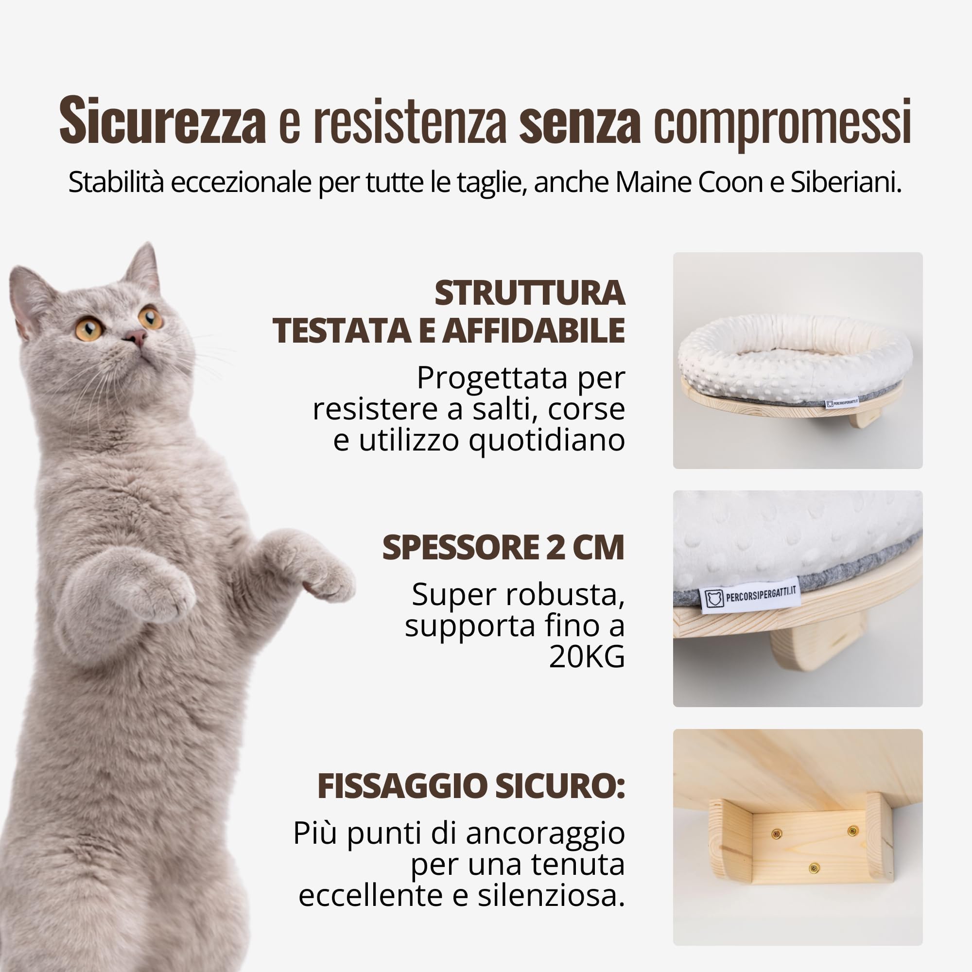 Cuccia per Gatti Tonda da Parete in Legno d’Abete PEFC Artigianale, con Cuscino Beige Lavabile, Mensola per Gatti Super Robusta per Dormire, Gioco e Relax, Fino a 20 kg – Percorsopergatti