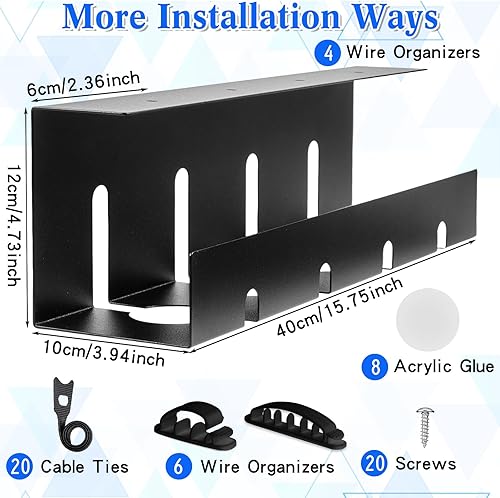 Miniatura 2 de Paquete de 4 bandejas de organización de cables debajo del escritorio, bandeja de cables de metal para gestión de cables, organizador de cables de