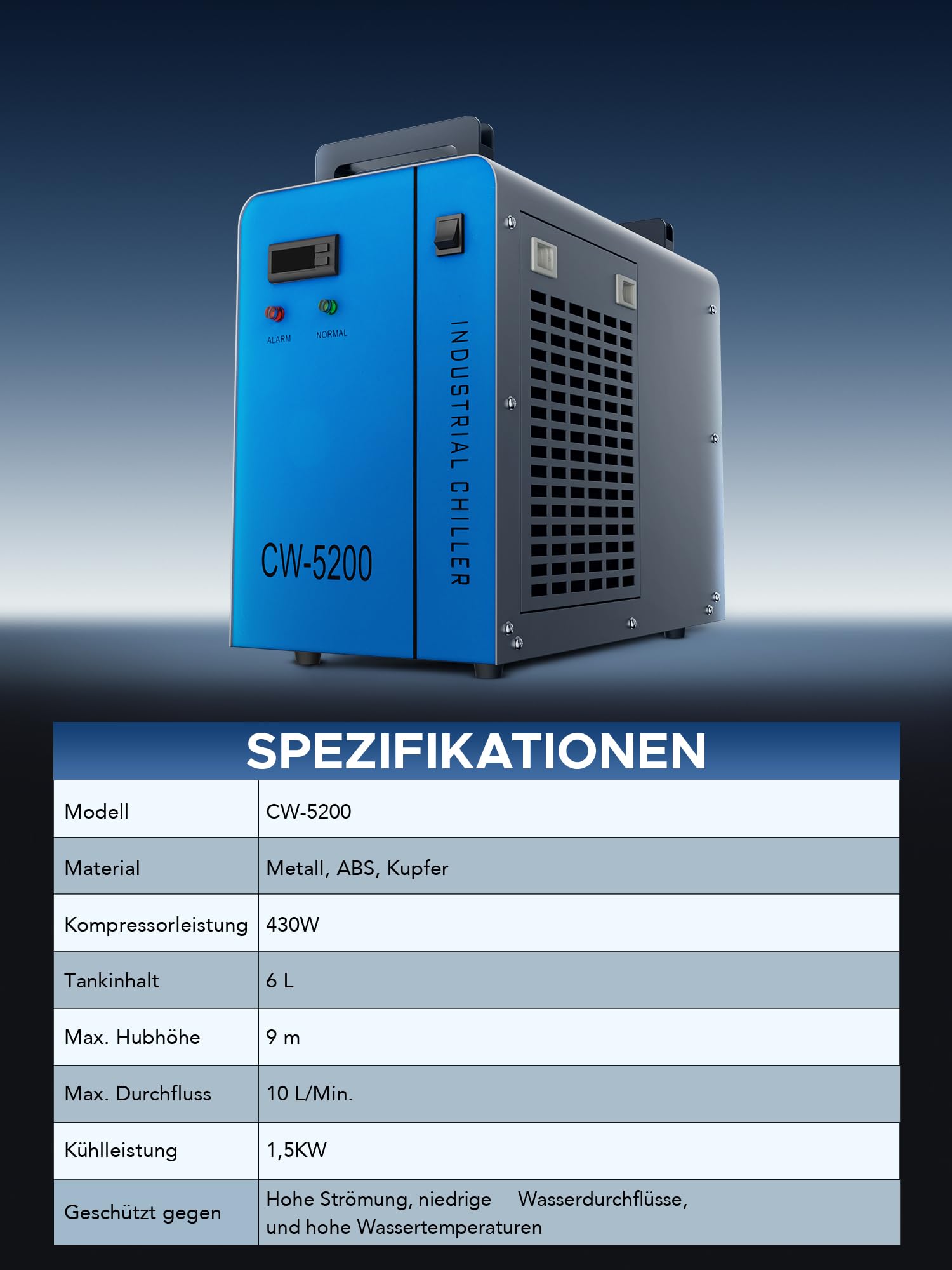 OMTech 6L Refrigeratore d'Acqua Industriale 0.68kW 10L/min CW-5200 Sistema di Raffreddamento ad Acqua per Macchine per Incisione e Taglio Laser CO2 da 60W-150W, Raffredda 5200 BTU/ora