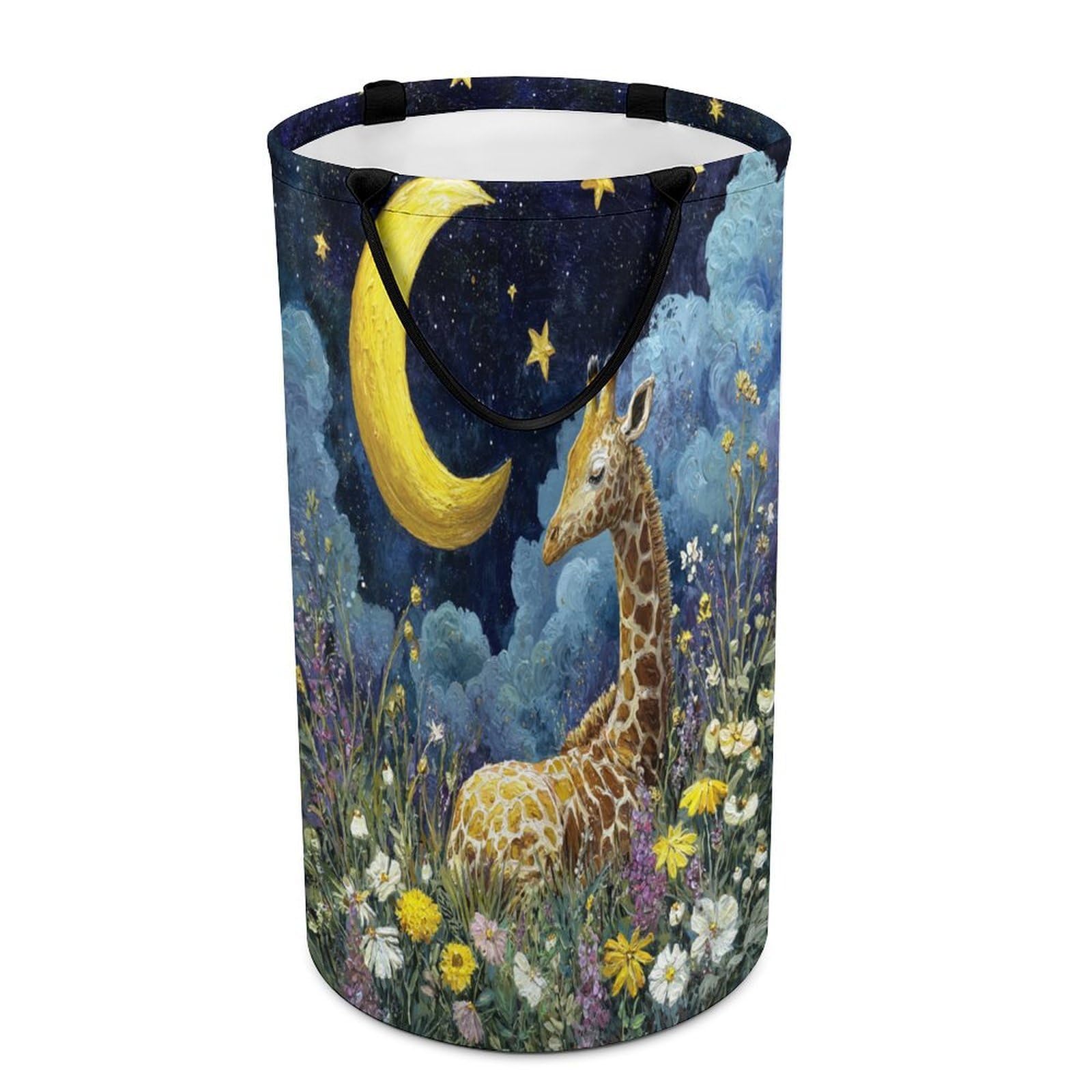 LUYYSKY Colorful Realistic Cute Giraffe Collapsible Dirty Clothes Basket, Modern Painting Art Starry Sky Animals Giraffes Plants Daisies Floral Portable Clothes Storage Basket