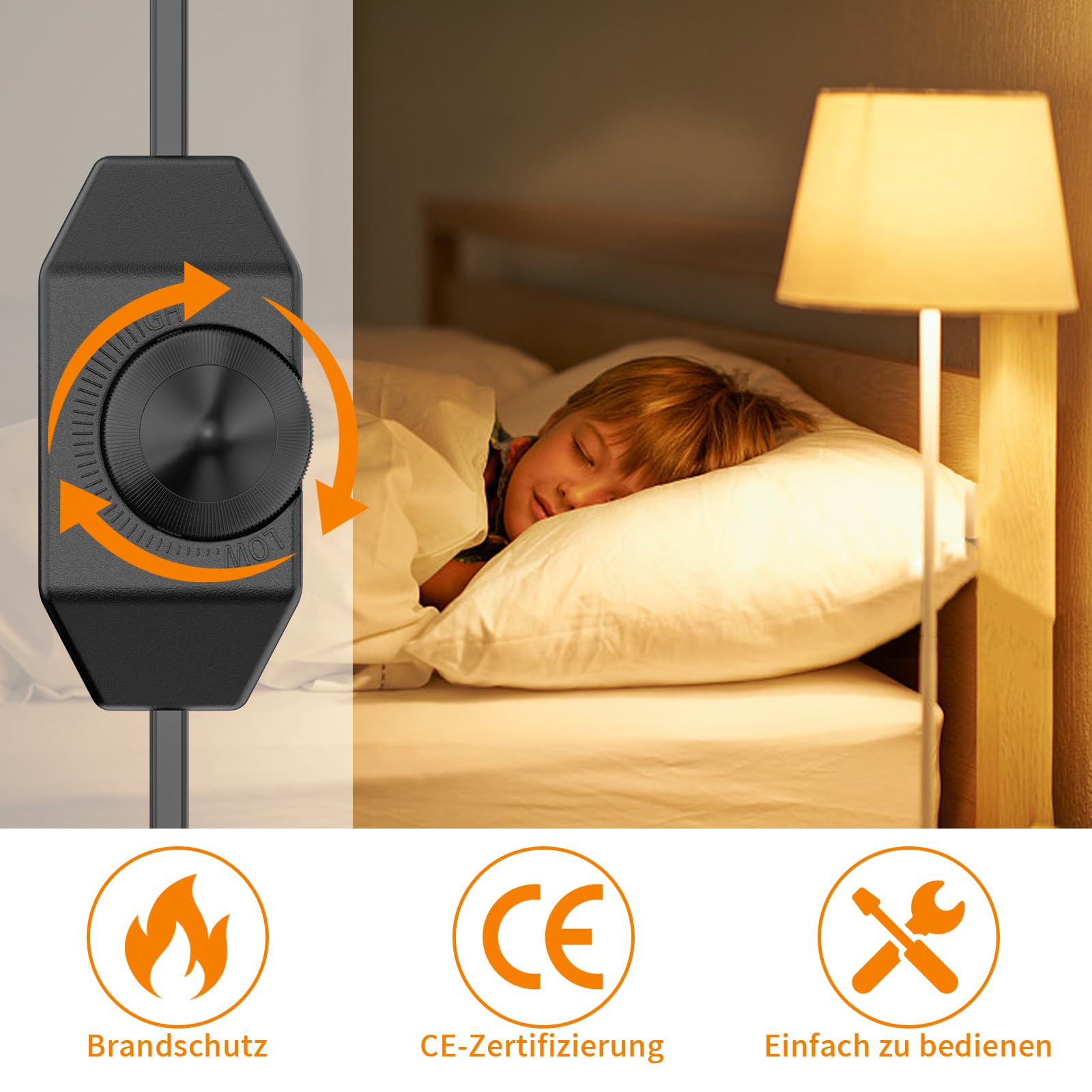 Leddimmer met schakelaar, dimmer voor ledlampen met 2 m kabel, dimschakelaar, traploos dimbaar/dimmen (snoer-draaidimmer) voor ledlampen (220-250 V), eurostekker, draaidimmer, netsnoer, zwart