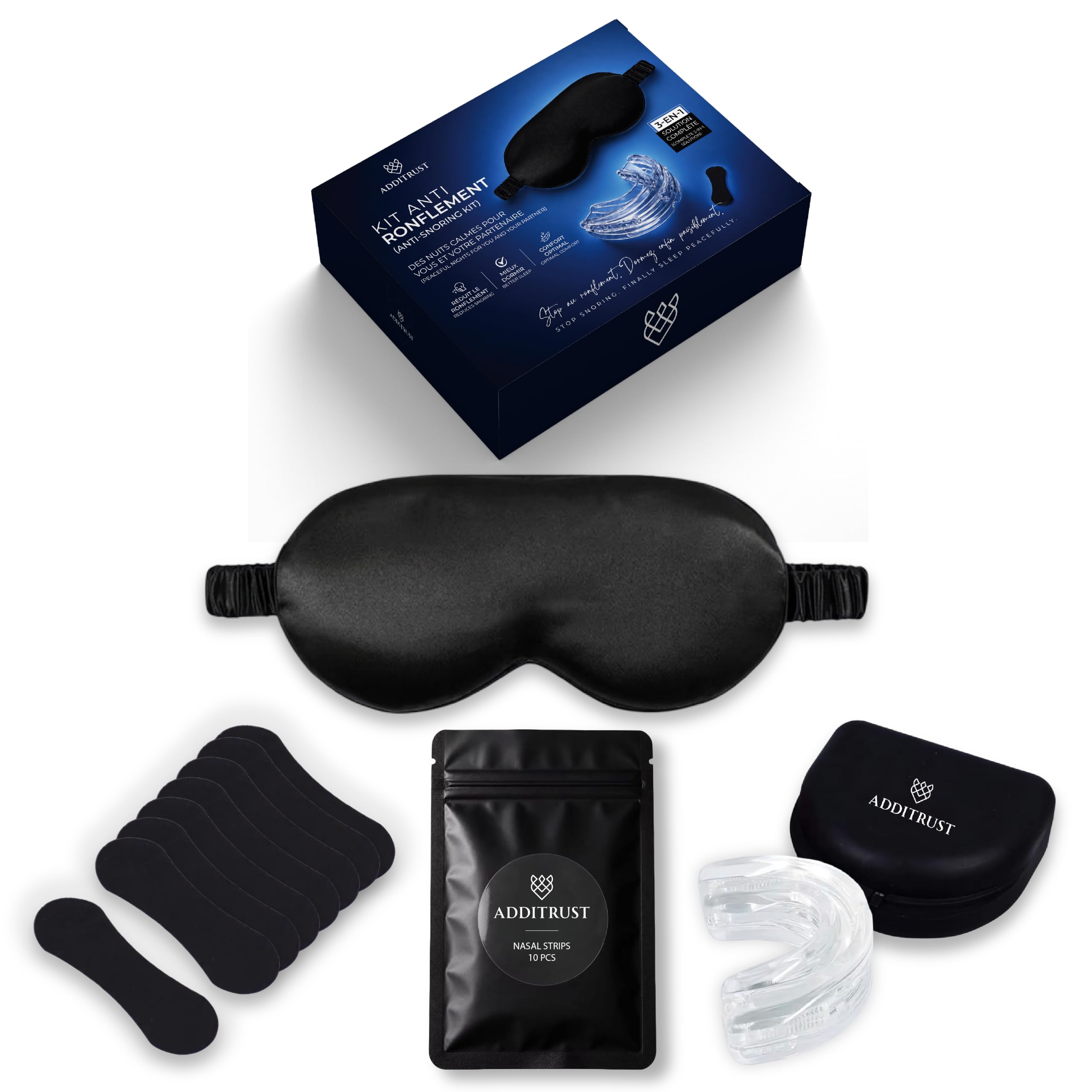 Kit Orthese Anti Ronflement Efficace Puissant Inclus-Ecarteur Nasal-10 Pcs Bande Nasale-Masque de Nuit Soie