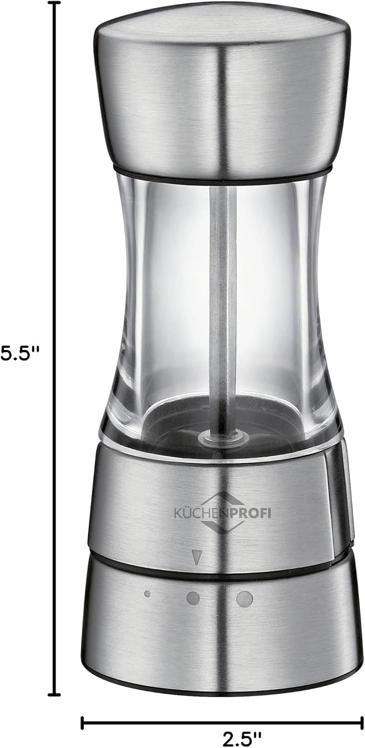 Küchenprofi Acrylic Salt Mill Grinder Set - 2.5" x 5.5"H, Stainless Steel & Acrylic - Pepper Mill with Adjustable Ceramic Grind - Multipurpose Stainless Steel Kitchen Tool