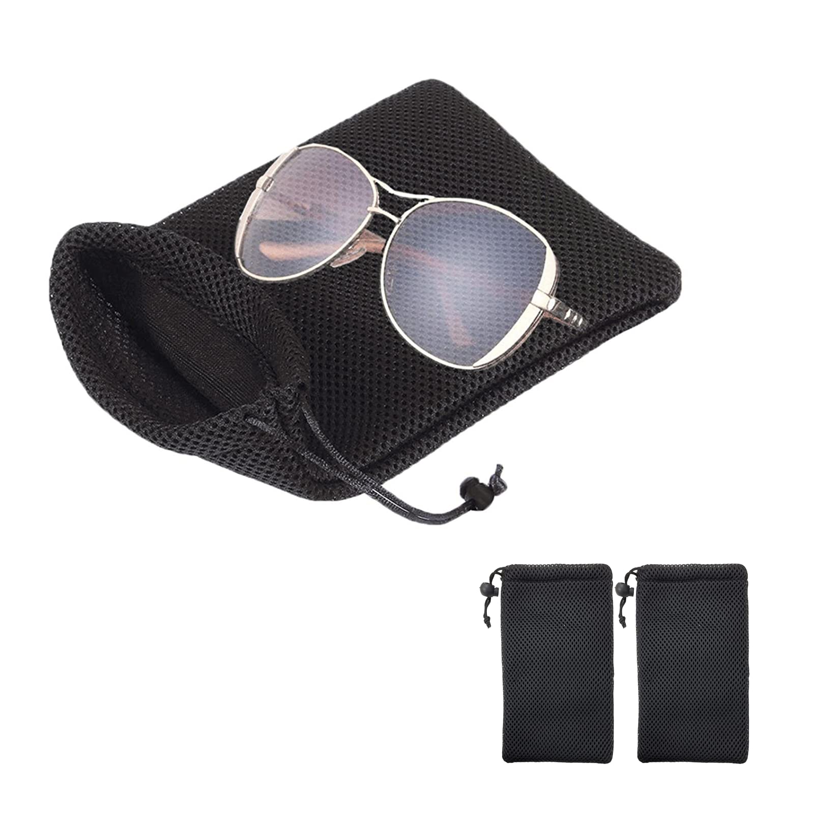 BlitzBite 2 Pack Sunglasses Bag Mesh Storage Bag Black Mesh Mobile Shockproof Organza Bags Case Mesh Cloth with Drawstring Cord Lock Closure for Storage Mobile Phone,Glasses,Keys Storage Pouch