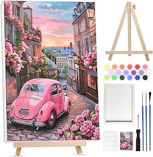 Lxmsja Paint by Numbers for Adults, Framed Pink Car on Street with Wood Easel Paint by Numbers Kit, DIY Acrylic Painting Home Wall Decor,20x30cm