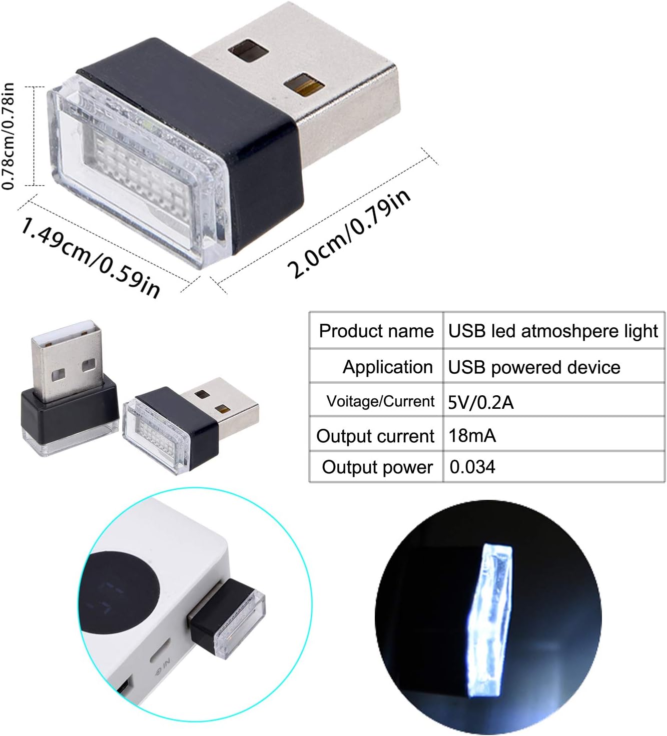 Febrytold 2 Pcs White Universal Mini USB LED Car Interior Ambient Atmosphere Lights for Car Interior Trunk Ambient Atmosphere