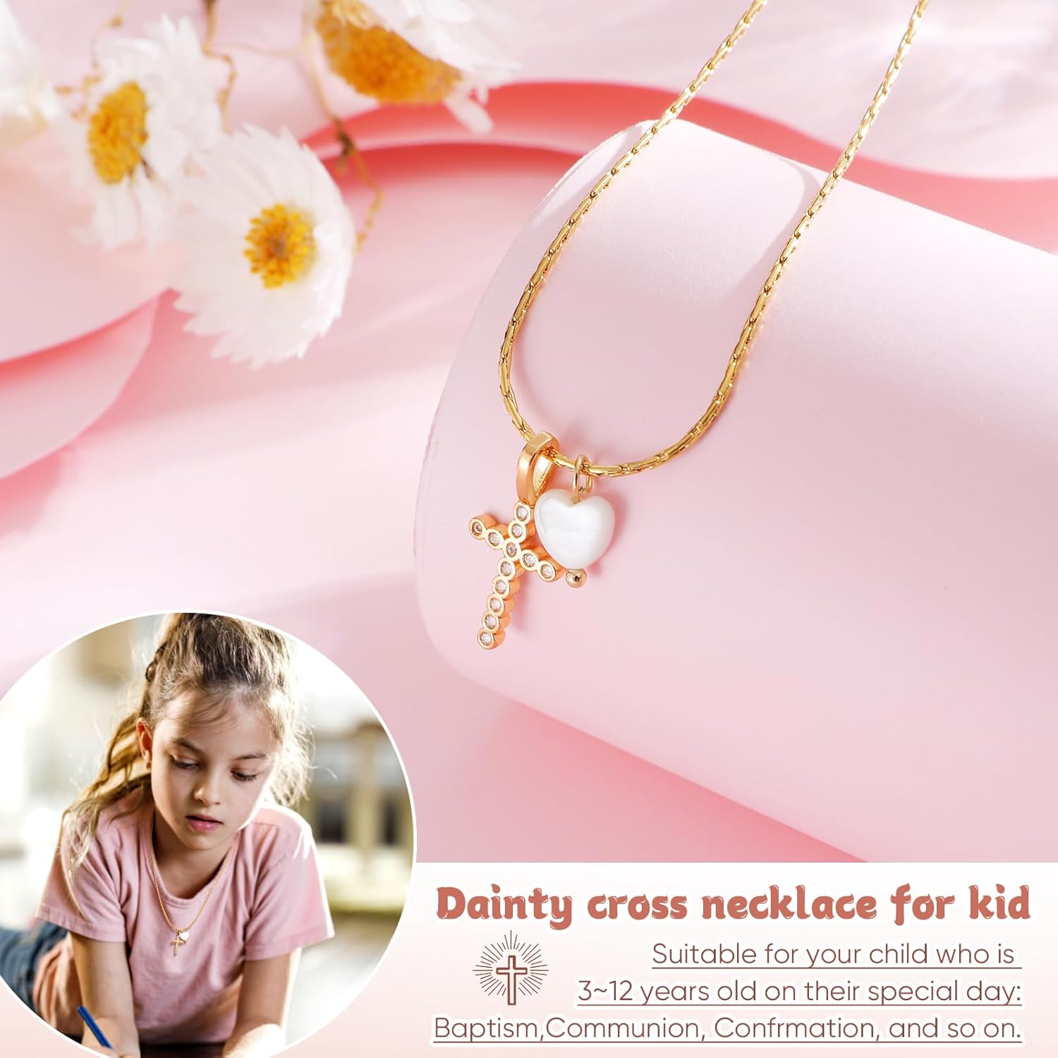 Gold Plated Pearl Heart Cubic Zirconia Cross Pendant Chain Necklace Christening Jewelry Baptism First Communion Confirmation Easter Christmas Gifts for Girls Teens Kids - Image 3