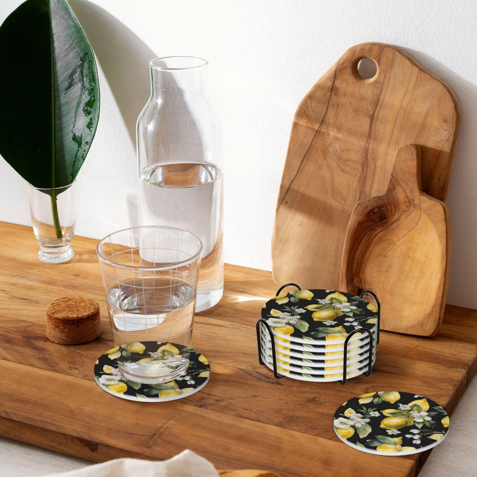 Keramik-Untersetzer, Zitronen- und Blumen-Design, rund, saugfähig, mit Halter, für Zuhause, Büro, Bar, Restaurant, 6 Stück