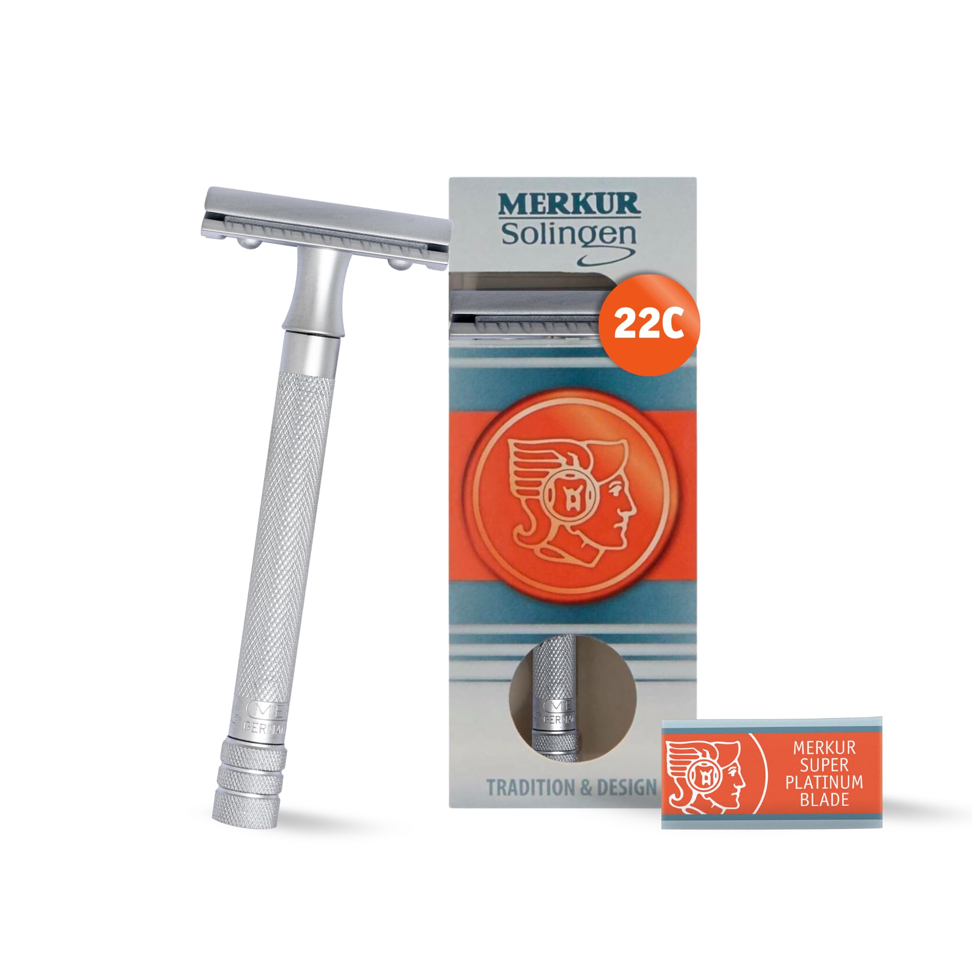 MERKUR Maquinilla de afeitar cromada mate satinado 22C, de tres piezas con corte recto, peine cerrado, ideal para afeitado en húmedo, zinc fundido a presión, mango de latón, fabricado en Alemania