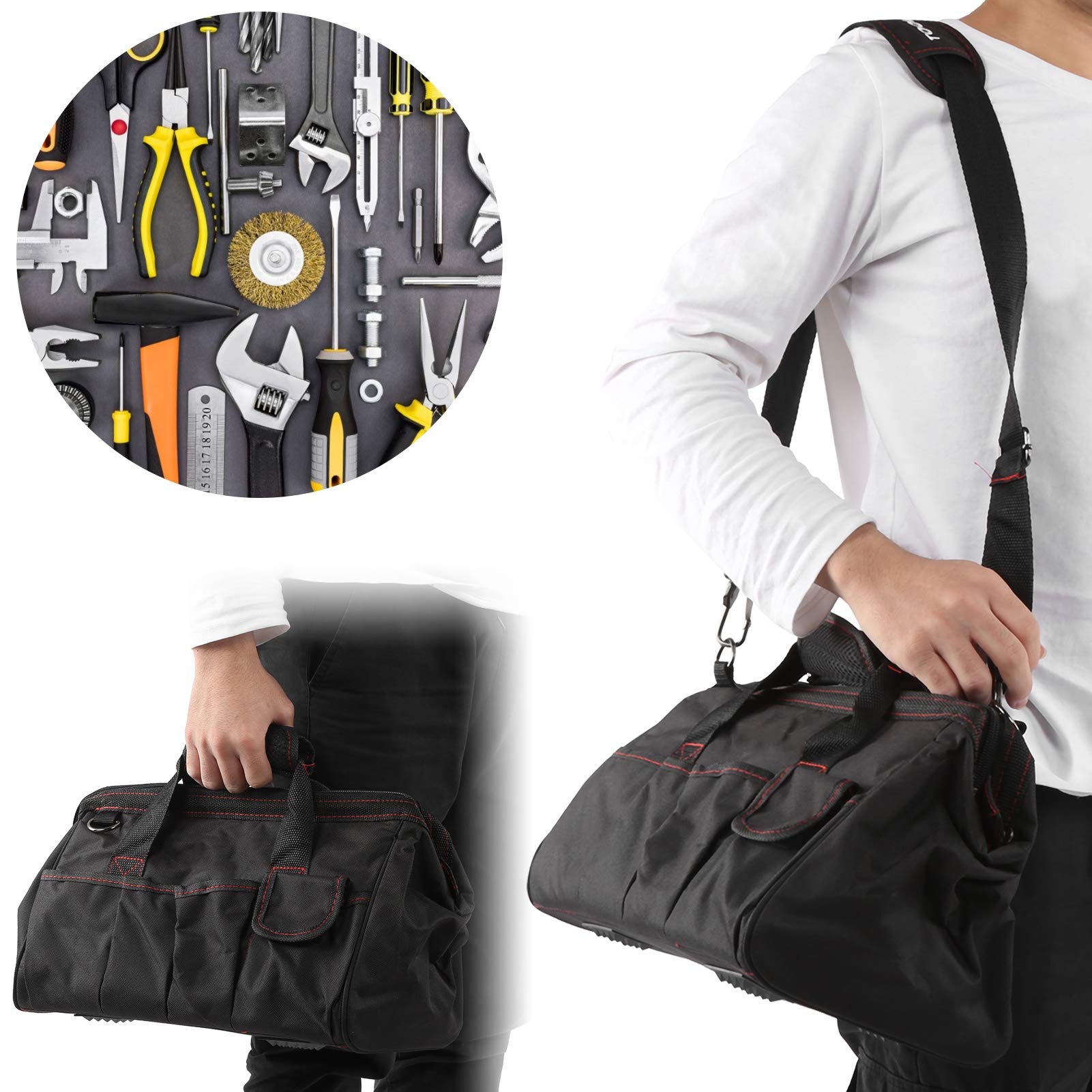 Bolsa de herramientas para electricista de 35,5 cm, con múltiples bolsillos para llaves, destornilladores y accesorios, bolsa de trabajo para profesionales y entusiastas del bricolaje