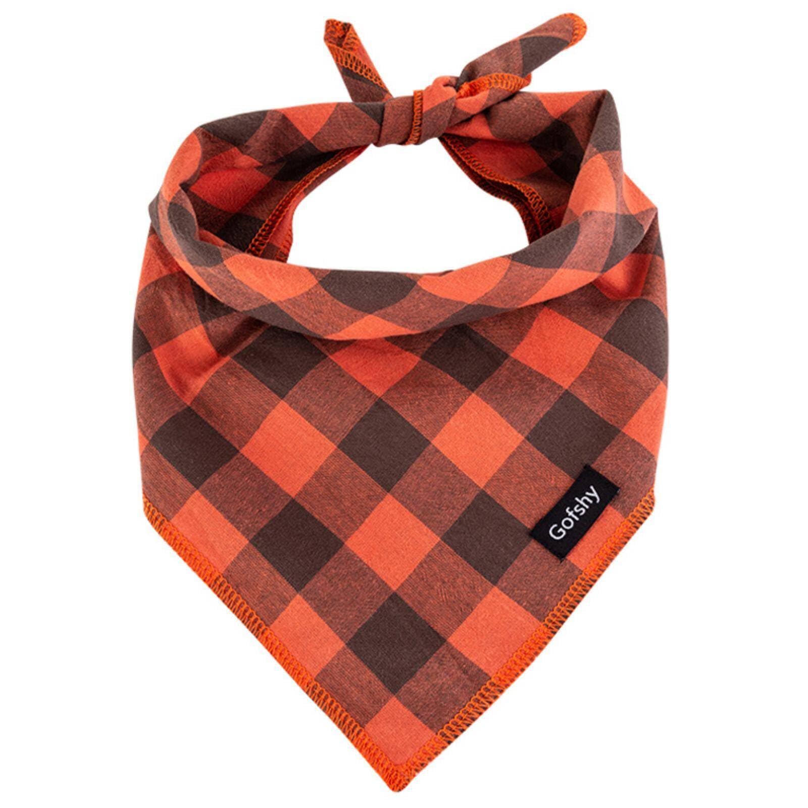 Dog Bandana Fall Large-Orange Brown Dog Scarf Buffalo Plaid Printing Adjustable Bib Handkerchief Accessories for Medium Large Dogs (L)