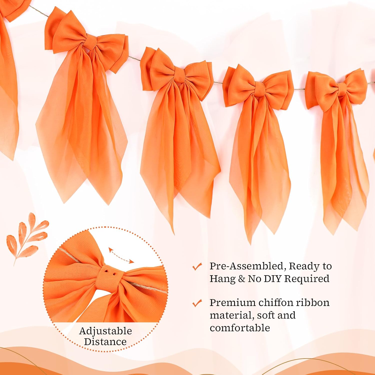 Orange Fall Bow Garland, Autumn Chiffon Bows Garland Thanksgiving Pumpkin Bow Banner Fall Decor for Mantle Fireplace Decor, Home Office Thanksgiving Halloween Harvest Decorations