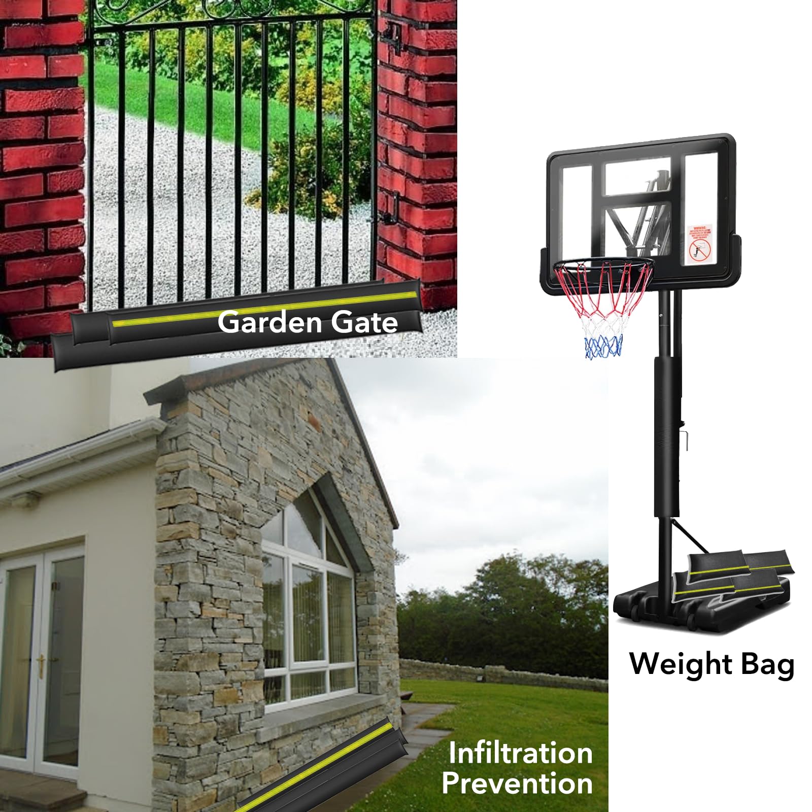 Lot de 6 sacs de sable, avec bande réfléchissante, 180 x 20 cm, blocs anti-inondations activés par l'eau, pour portes d'entrée, protection contre les inondations pour garage et cave