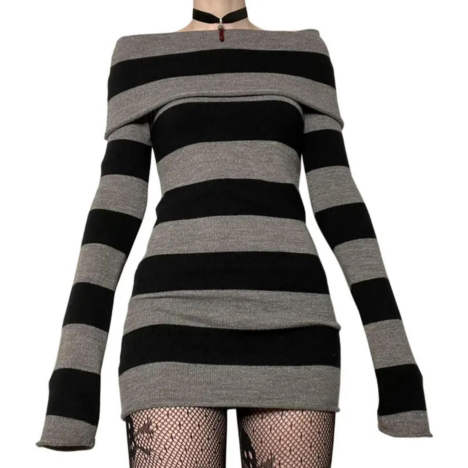 Y2K sweter w paski mini sukienka centrum handlowe gotycki grunge emo bodycon szykowne kobiety z odkrytymi ramionami pełny rękaw slim fit sukienki 00s vintage