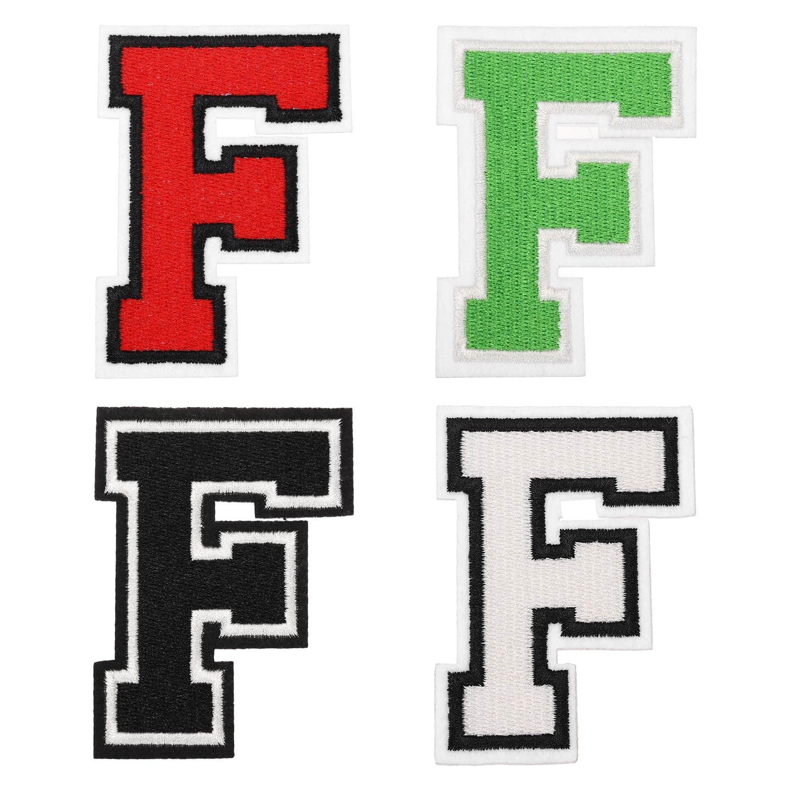 sourcing map 4 Pcs 4.5 Inch Iron-on Letters Patches, Letter F Embroidered Alphabet Appliques for Clothes Jacket Dress Hat Backpacks DIY Accessories, Green/Red/White/Black