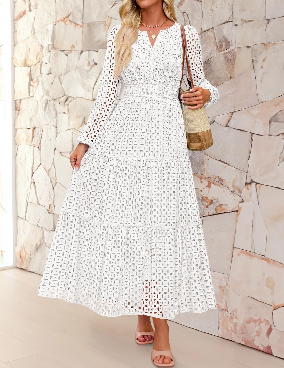 ZESICA Women's 2026 Spring Long Sleeve Maxi Dress V Neck Hollow Out Eyelet A Line Long Flowy Casual Party Dresses - Image 2
