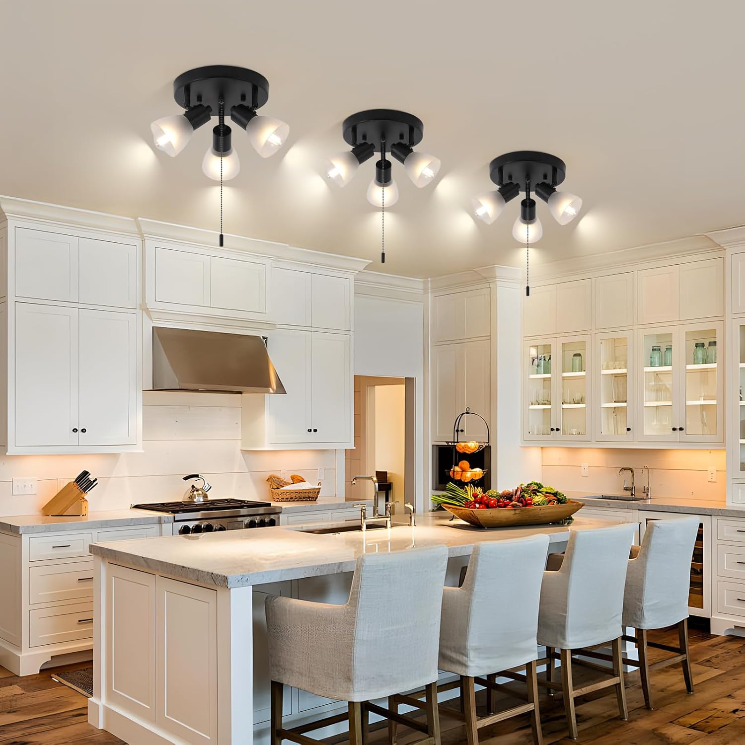 KEESFU 3-Light Black Pull Chain Track Lighting, Adjustable Multi-Directional Ceiling Light Fixture with Glass Shades, Flush Mount for Kitchen Island, Dining Room, Hallway E12 Base (No Bulbs)