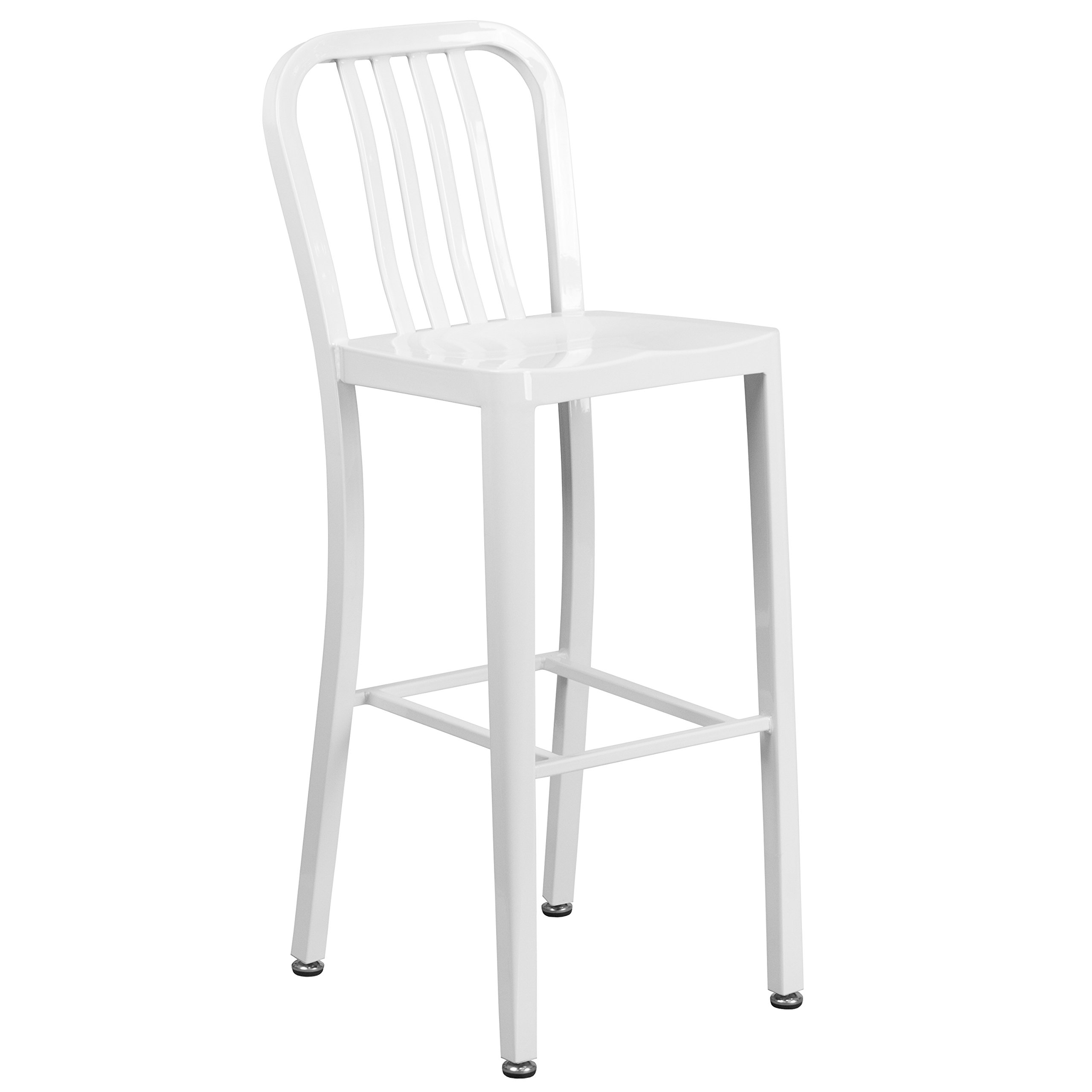 Commercial Grade 30" High White Metal Indoor-Outdoor Barstool with Vertical Slat Back by Flash Furniture – 1 Pack, Galvanized Steel, White, Model CH-61200-30-WH-GG