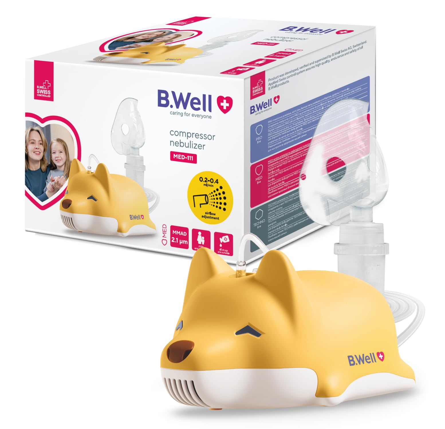 B.Well Swiss Kompressor-Inhalator MED-111, Medizinisch effiziente Atemtherapie, Einstellbarer Vernebler-Inhalator für Babys, Kinder und Erwachsene, Schweizer Qualität, Mit 2 Masken und Mundstück