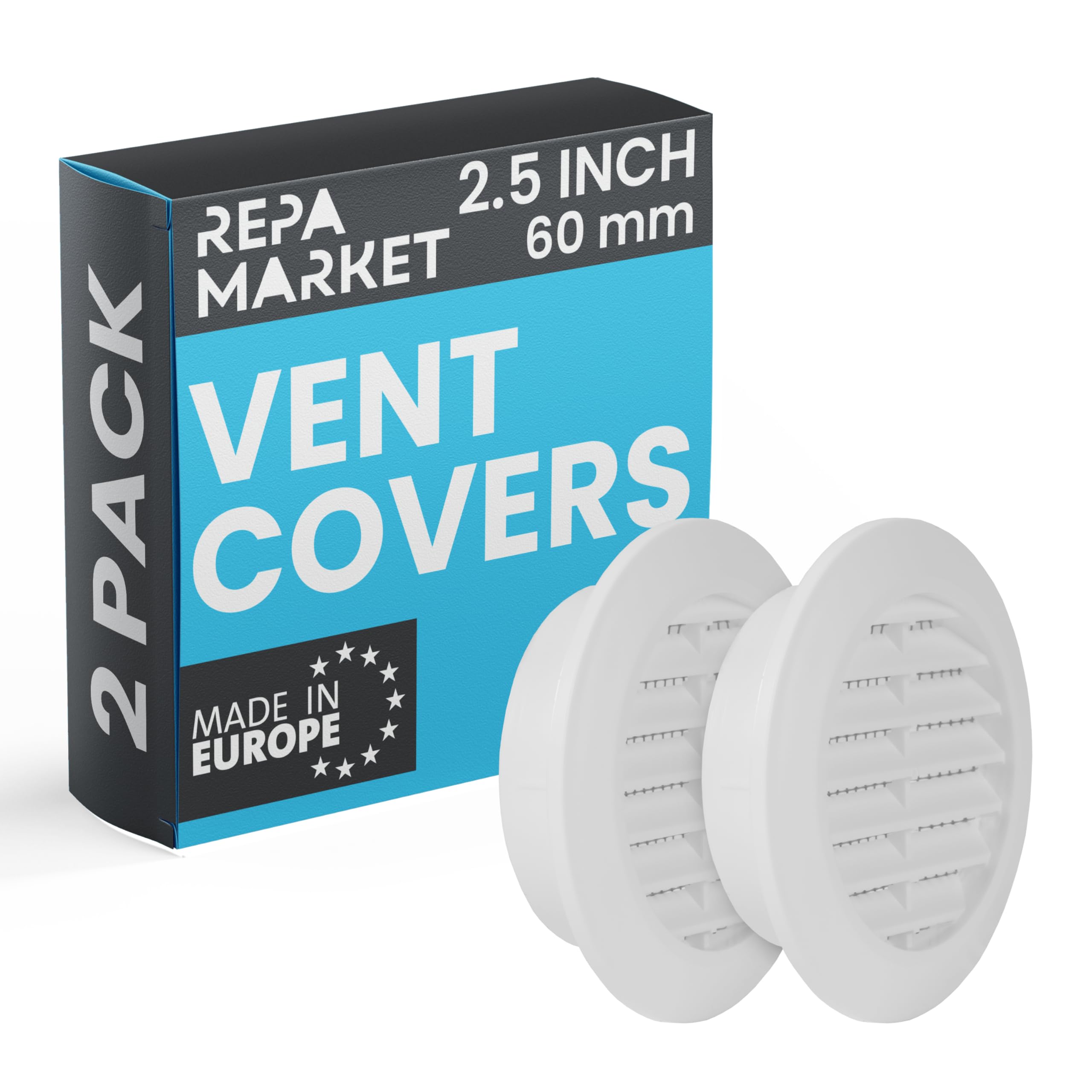 Repa Market 60mm Pack of 2 White Vent Cover with Mesh Screen - Plastic Soffit Ventilation Grill - Louvered Vent for Indoor, Outdoor Wall Ducting - HVAC Louvre Grille for Kitchen, Bathroom
