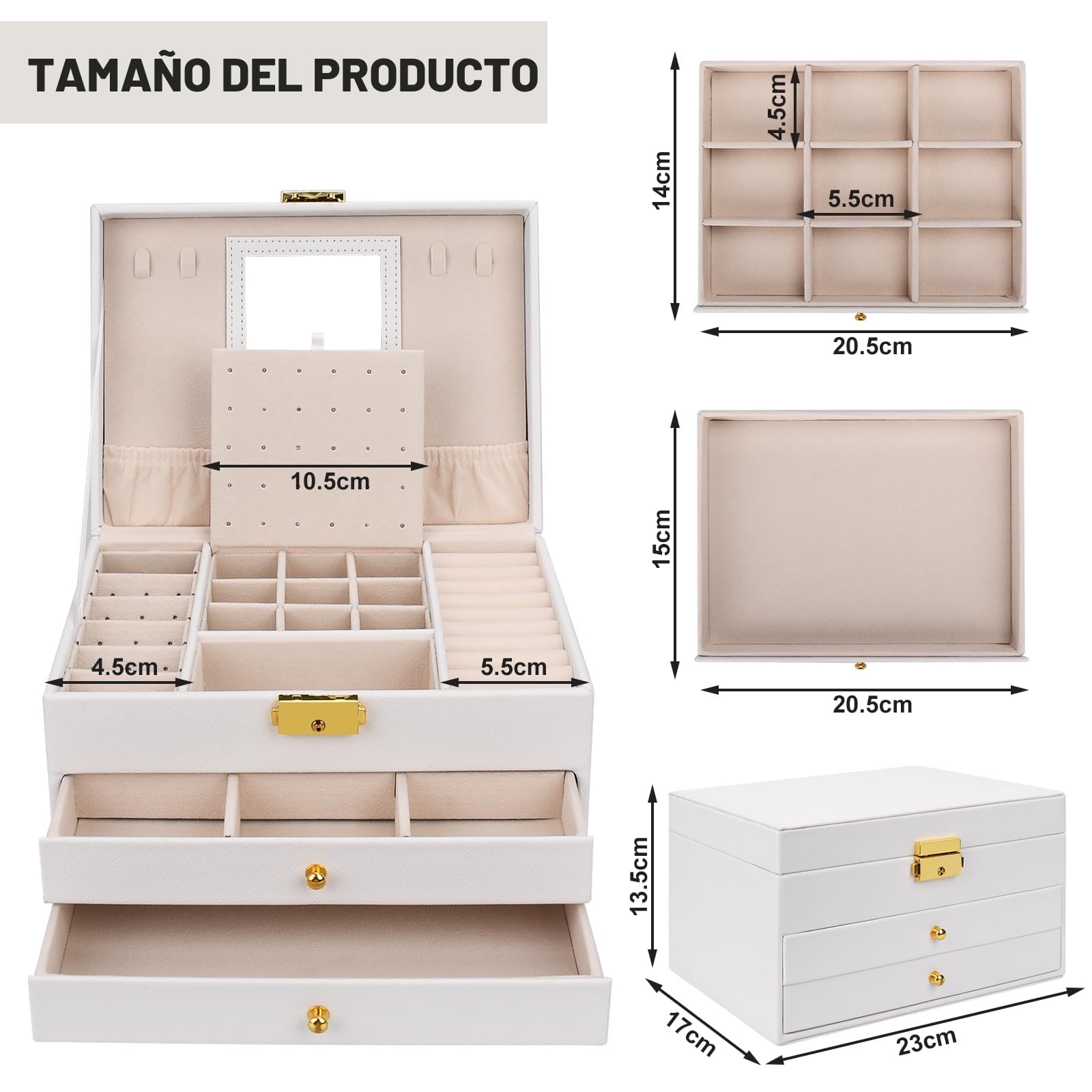 Caja Joyero de 3 Niveles,Joyeros Mujer Organizador,Estche de Joyería,Organizador Joyas Cuero PU con 2 Cajones,Incluye 1borla y 3 paño para pulir plata para Pendientes,Anillos,Collares