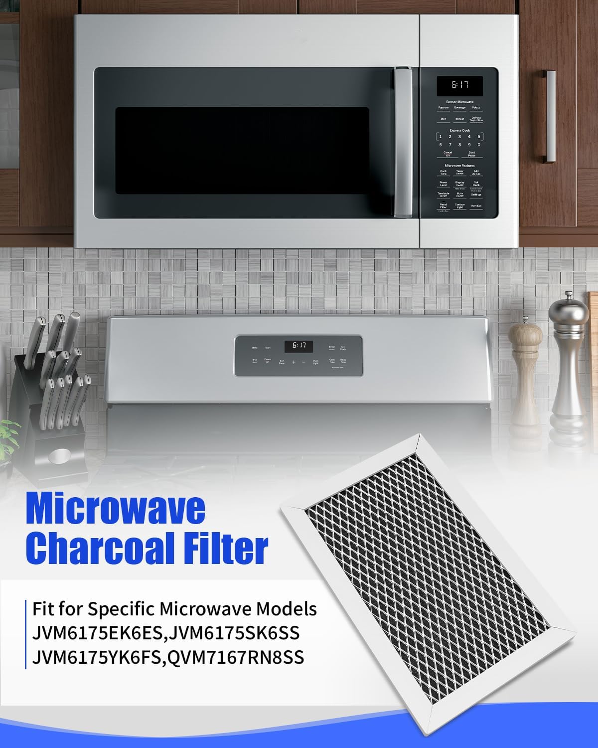 Microwave Charcoal Filter Fit for GE JVM6175EK6ES, JVM6175SK6SS, JVM6175YK6FS, QVM7167RN8SS, Replacement Charcoal Odor Filter, Aluminum Frame-2 Pack