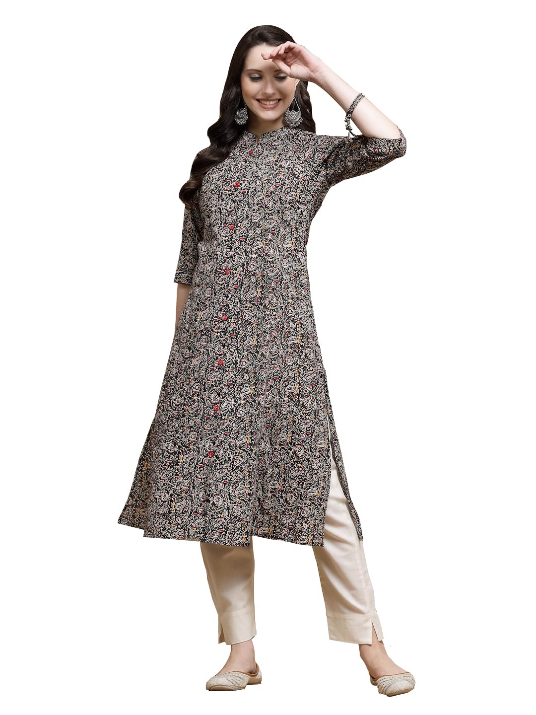 Stylum Women's Floral Printed Cotton A-Line Kurta (Jupiter36_Black, S)