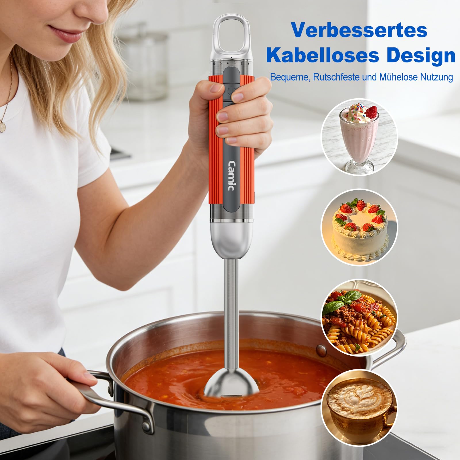Camic 4-in-1 Stabmixer, Kabelloses Elektrische Stabmixer mit 6-Stufiger + Turbo, Inklusive Edelstahl-Mixfuß, Schneebesen, Milchaufschäumer und 500ml Lebensmittelhacker für Suppen und Milchshake
