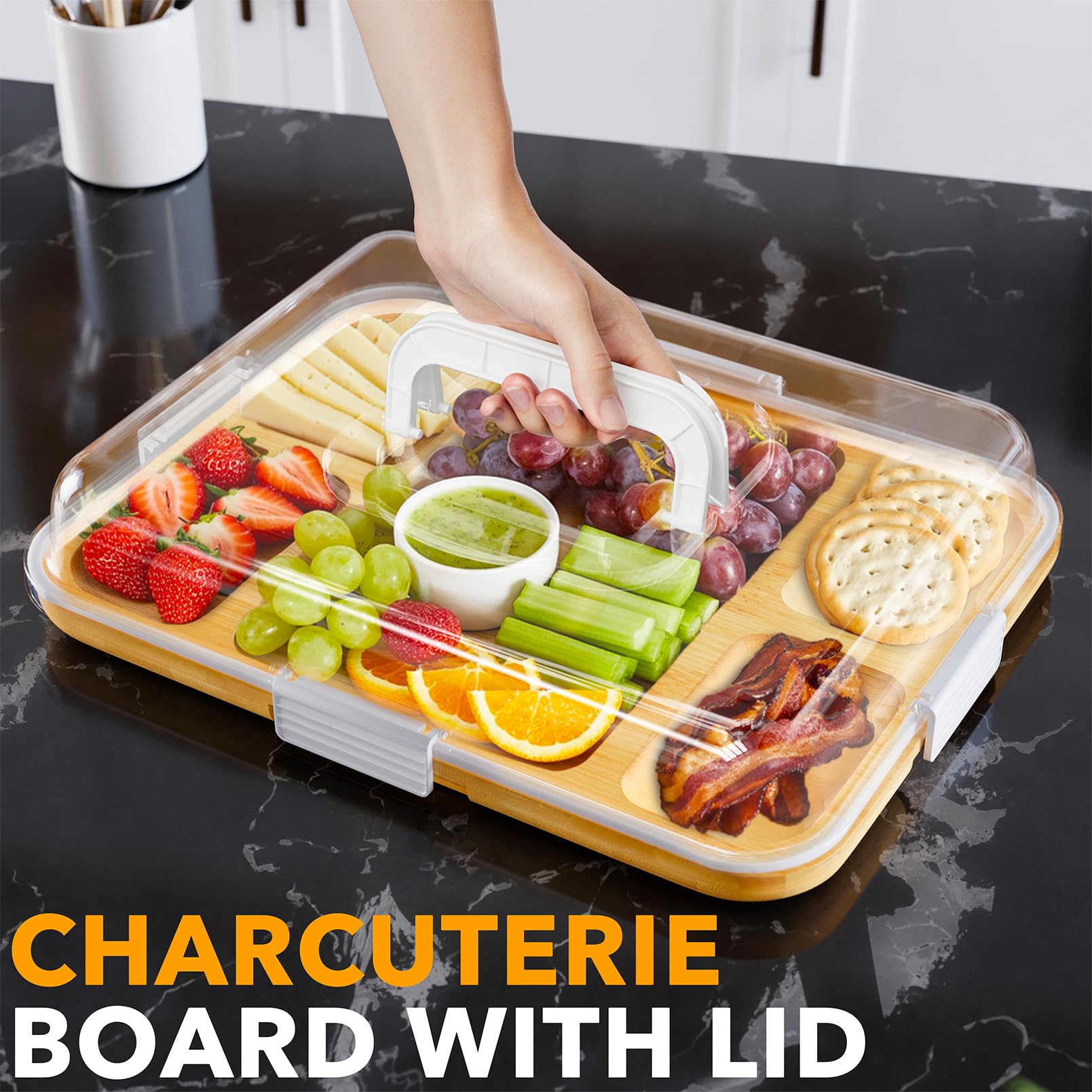 SpaceAid Tabla de charcutería con tapa transparente, tablas de cortar de queso de viaje portátiles para accesorios de picnic, bandeja de servir de bambú con tapas, regalos de inauguración de la casa