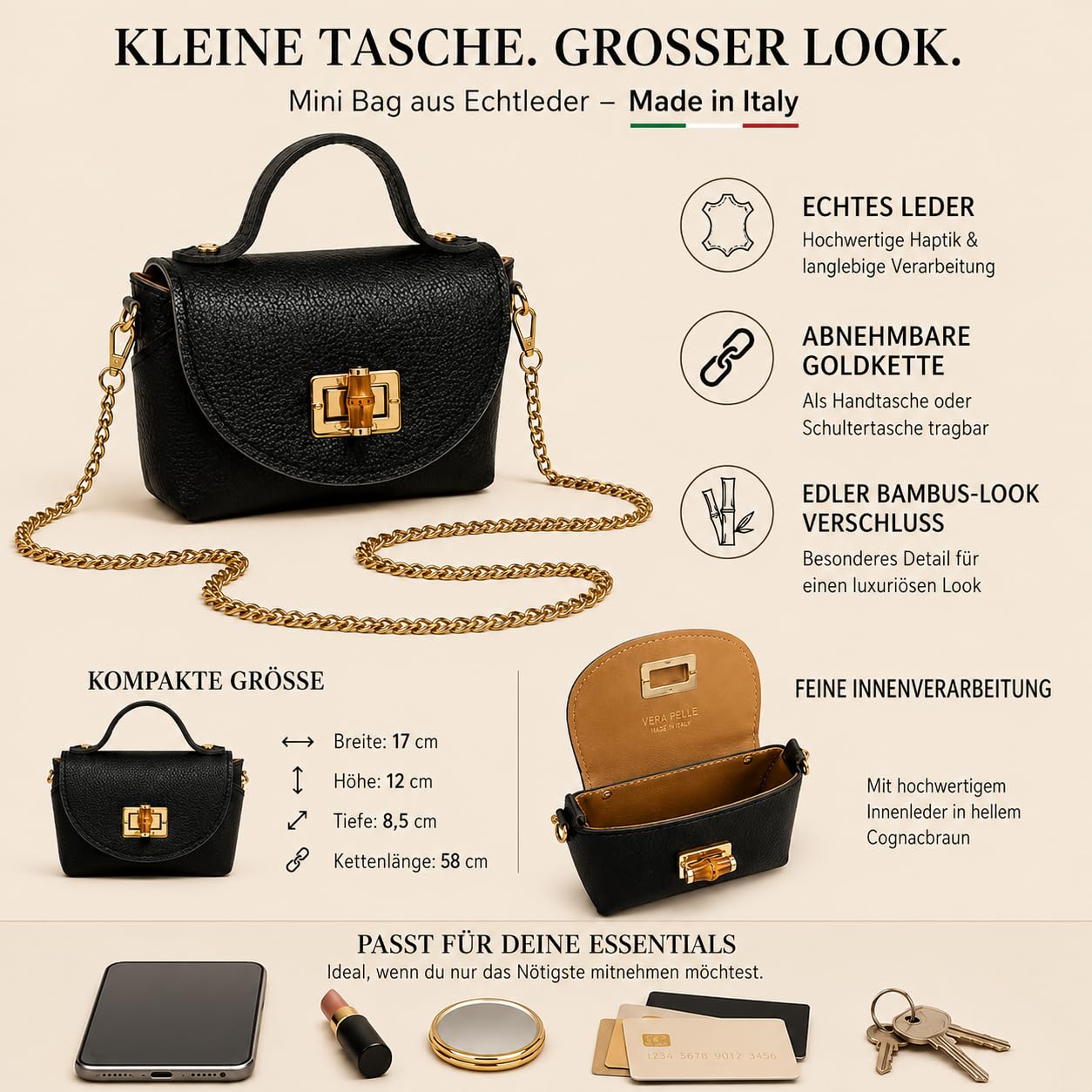Ziona Kleine Damen Handtasche Echtleder – Elegante Umhängetasche Made Italy