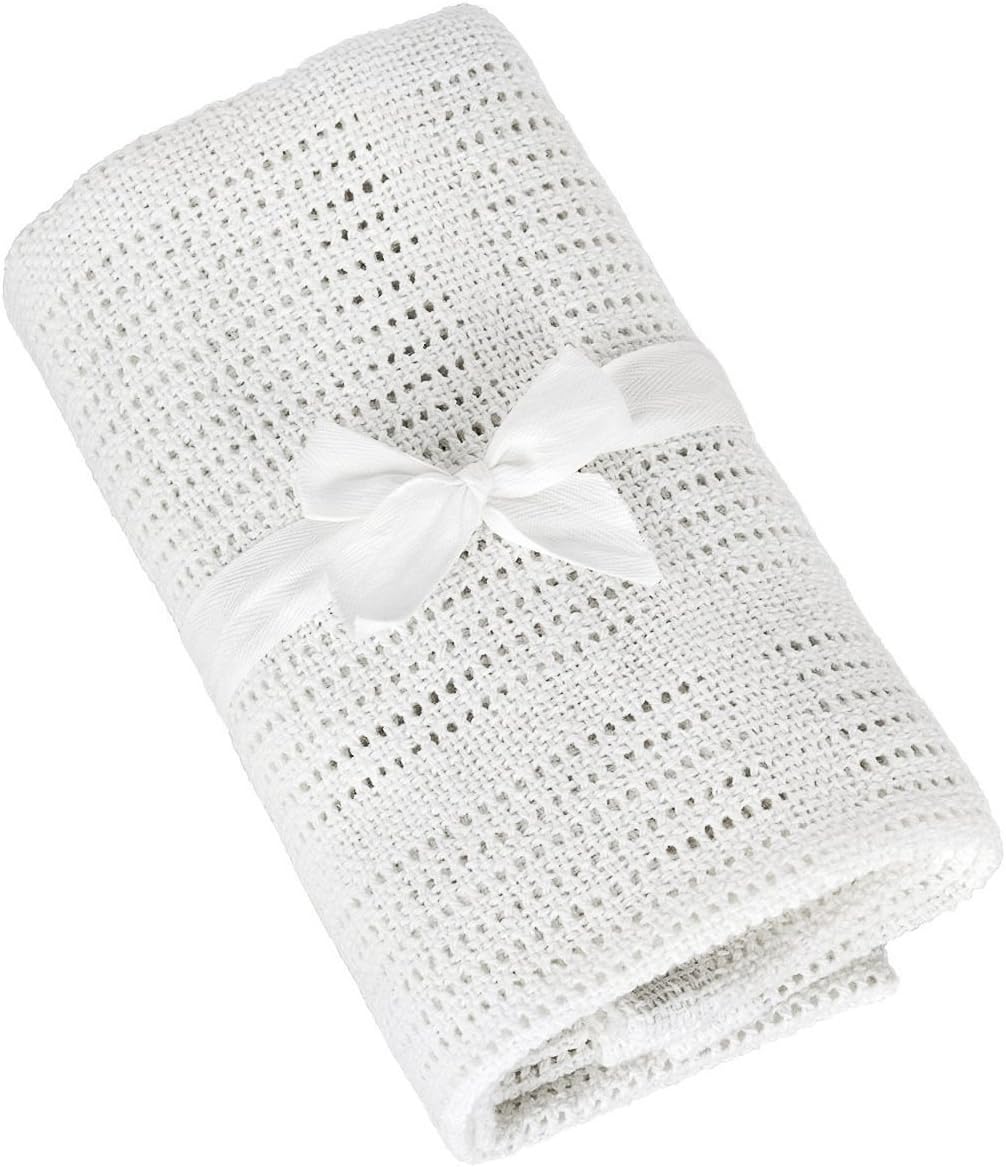 TALINU 100% Cotton Newborn Baby Blanket Knitted in White - Super Soft Baby Comforter, Washable Infant Bedding, Natural Unisex Baby Afghan Makes The Perfect Present Wrapped in a Ribbon