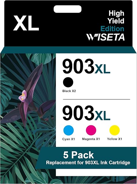New Chip 903XL High Yield Ink Cartridges Replacement for HP 903XL 903 XL, 5 Combo Pack Compatible for HP Officejet 6950 Officejet Pro 6970 6960 Inkjet Printer (2 Black,1 Cyan, 1 Magenta, 1 Yellow)