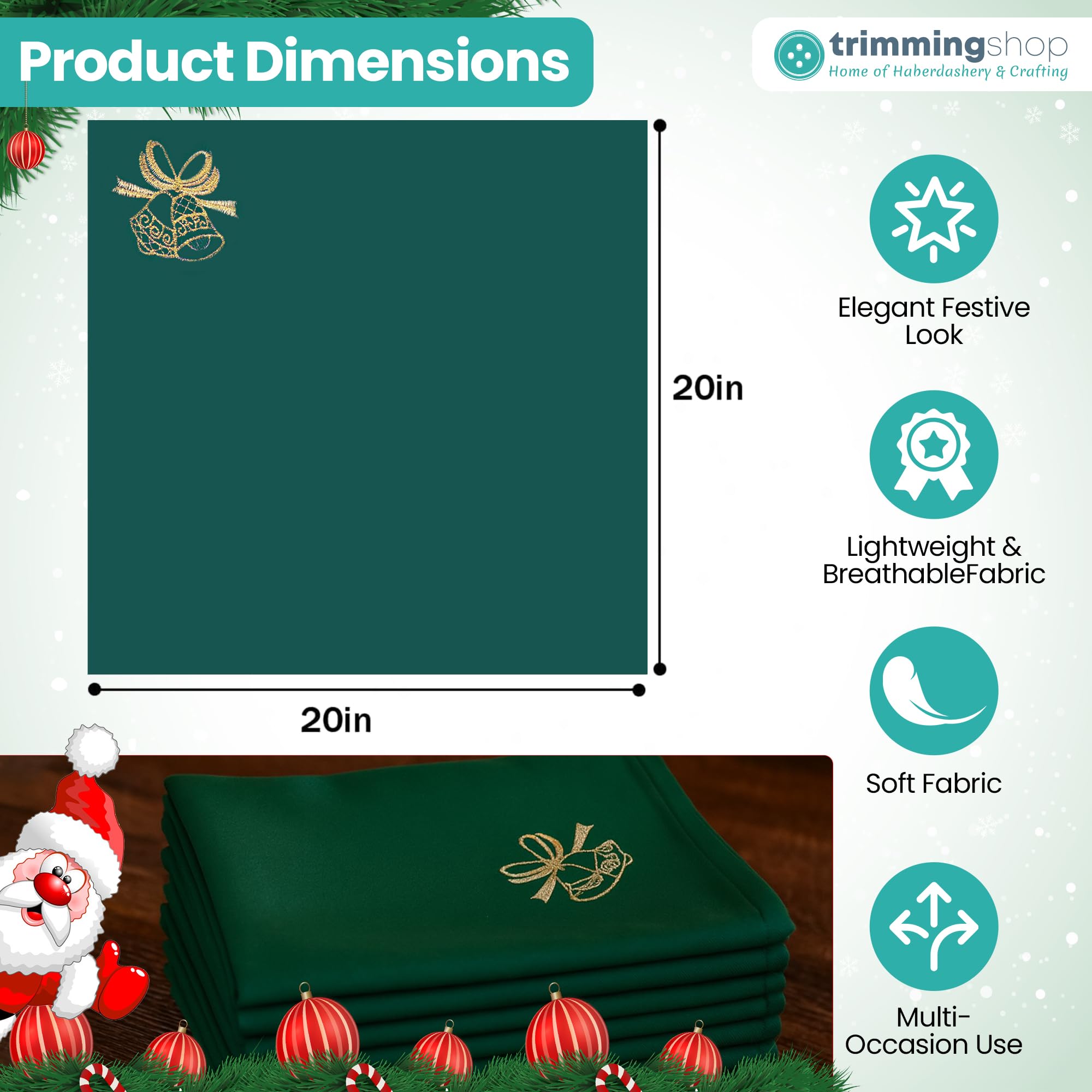 Trimming Shop Lot de 20 serviettes de table de Noël vertes avec broderie festive en polyester filé, 50,8 x 50,8 cm, résistantes aux taches, réutilisables, pour décoration de vacances et fêtes