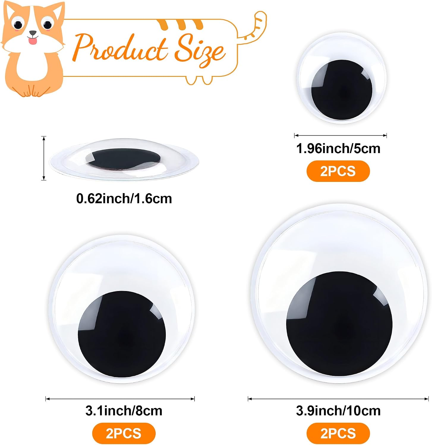 Googly Eyes Self Adhesive, Large Googly Eyes, Giant Wiggle Googly Eye for Crafts, Fake Plastic Black Big Sticky Eyes Eyeball Stickers for Halloween Pumpkin DIY Crafts Decoration (2” 3“ 4” Set of 6)