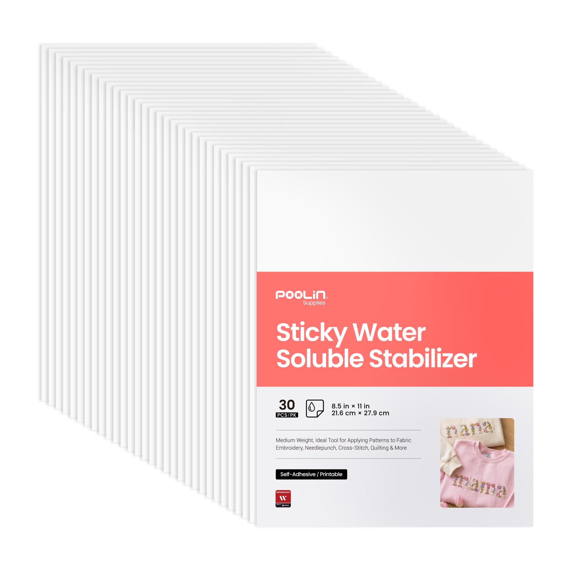 Poolin Printable Water Soluble Stabilizer for Embroidery, 8.5 x 11 Inch