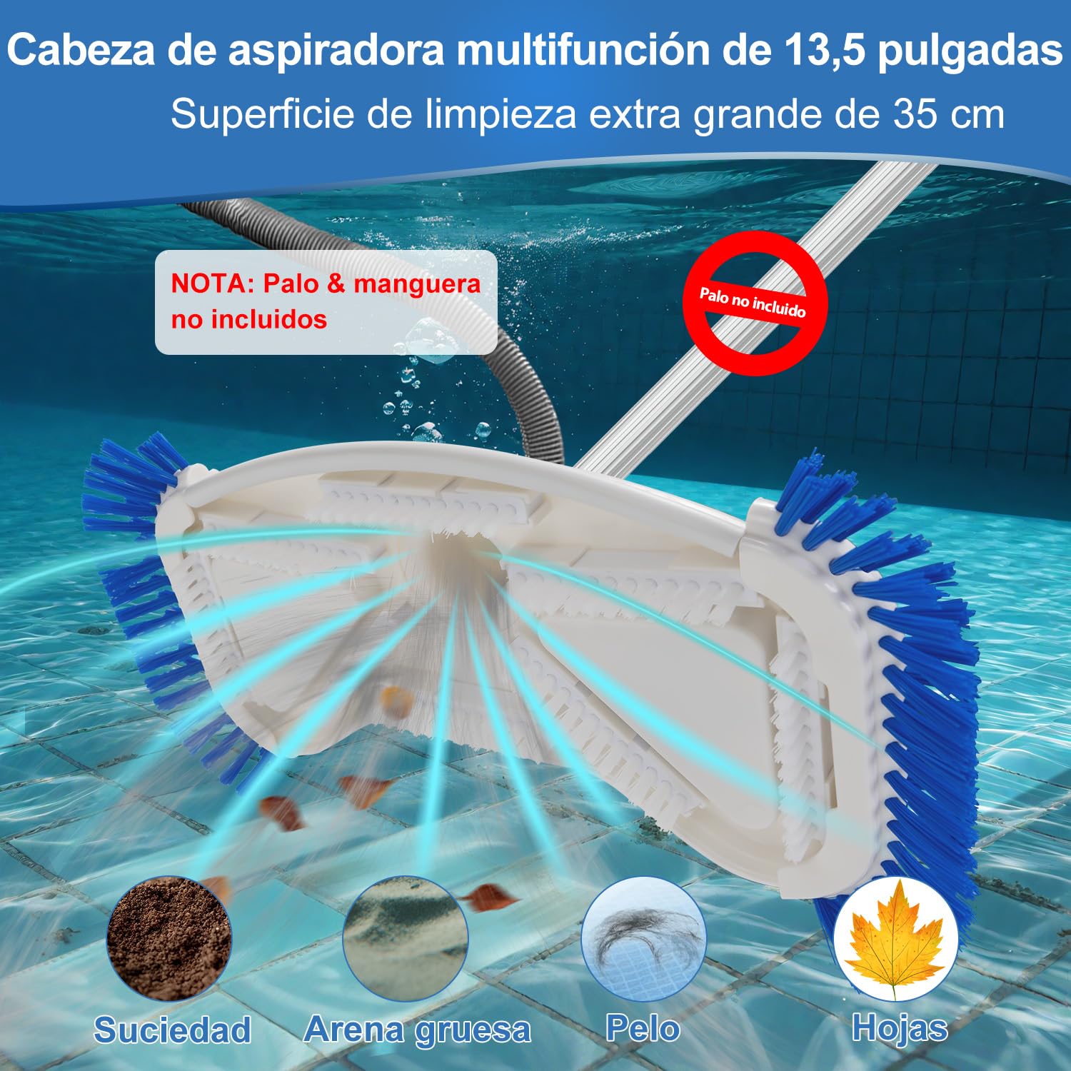 Cepillo para Piscina con Conexión de Aspiración 35 cm, Cabezal Aspirador con Cepillos Laterales, Conexión Giratoria para Mangueras de 32 mm y 38 mm, Cepillo Aspirador para Piscinas Elevadas — view 3