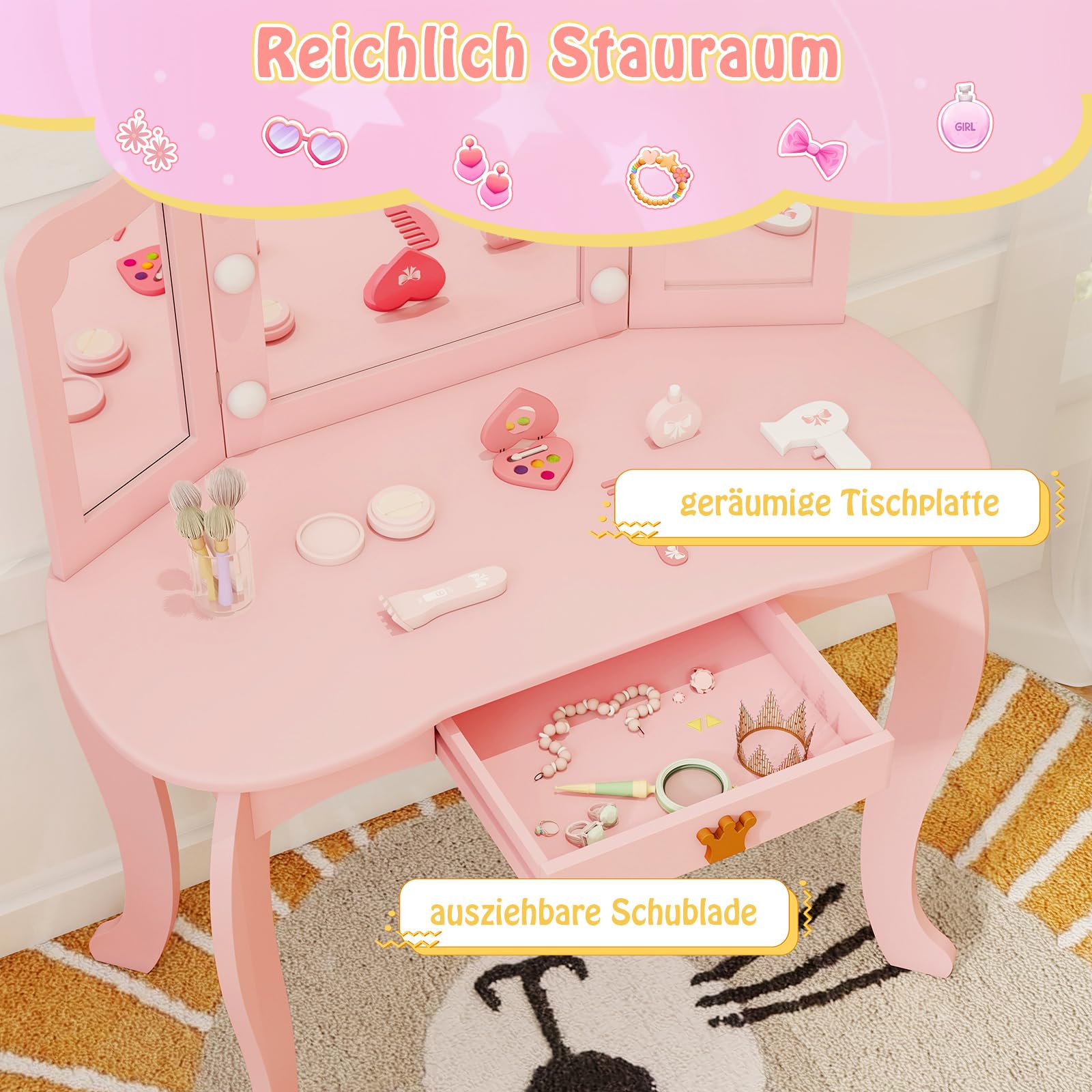 COSTWAY Kinder Schminktisch mit Beleuchtung, Frisiertisch Mädchen mit dreifach klappbarem Spiegel & Schublade, Kosmetiktisch aus Holz mit Hocker, Kinderschminktisch Set für Kinder ab 3 Jahren (Rosa)