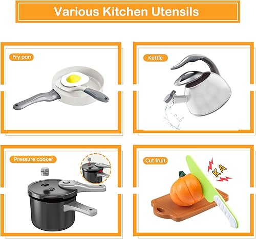 Miniatura 79 de Juego de cocina de 130 piezas, ollas de juego de cocina para niños, sartenes, utensilios de cocina, alimentos diarios, frutas y verduras, cesta